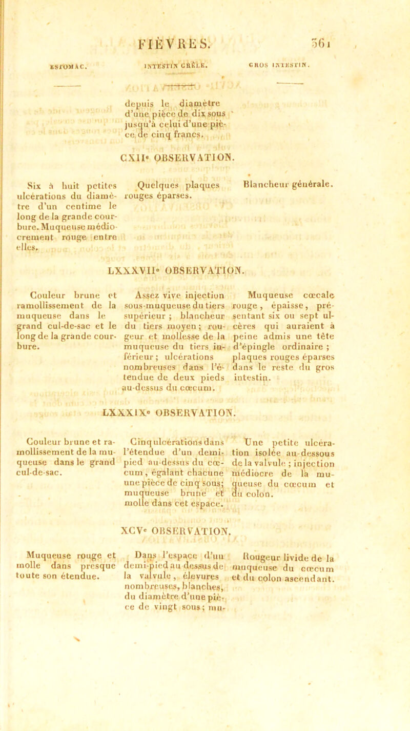 ESTOMAC. INTESTIN dttfii,K. GROS IICTHS-nN. ' /■.>; t/'/MUgfr » n ■ dupais lu diamètre d’une pièce de dix sous ‘ jusqu’à celui d’une piè- ce de cinq francs. 9lt'4 CXII* OBSEHVAÏIOIS. Six A huit petites Quelques plaques Blancheur générale, ulcérations du diauiè- rouges éparses, tre d’un centime le long de la grande cour- bure. Muqueuse médio- crement rouge entre elles. LXXXVIl» OBSERVATION. Couleur brune et ramollissement de la muqueuse dans le grand cul-de-sac et le long de la grande cour- bure. Assez vive injection sous-muqueuse du tiers supérieur ; blancheur du tiers moyen ; rou- geur et mollesse de la muqueuse du tiers in- férieur; ulcérations nombreuses dans l’é- tendue de deux pieds au-dessus du cæcum. Muqueuse cœcalc rouge, épaisse, pré- sentant six ou sept ul- cères qui auraient à peine admis une tête d’épingle ordinaire ; plaques rouges éparses dans le reste du gros iutestip. LXXXIX» OBSERVATION. Couleur brune et ra- Cinq ulcérations dans IJne petite ulcéra- mollissement de la mu- l’étendue d’un demi- tion isolée au-dessous queuse dans le grand pied au-dessus du cœ- de la valvule ; injection cul-de-sac. cum , égalant chacune médiocre de la mu- une pièce de cinq sous; queuse du cæcum et muqueuse brune et dû colon, molle dans cet espace. • » :i-1 ,'bi.uio > J'i'jiO - XCV« OBSERVATION. ■ Muqueuse rouge et Dans l’espace (l’un Rougeur livide de la molle dans presque demi-pied au dessus de muqueuse du cæcum toute son étendue. la valvule, élevures et du colon ascendant, nombreuses, blanches, du diamètre d’une piè- ce de vingt sous; mm x