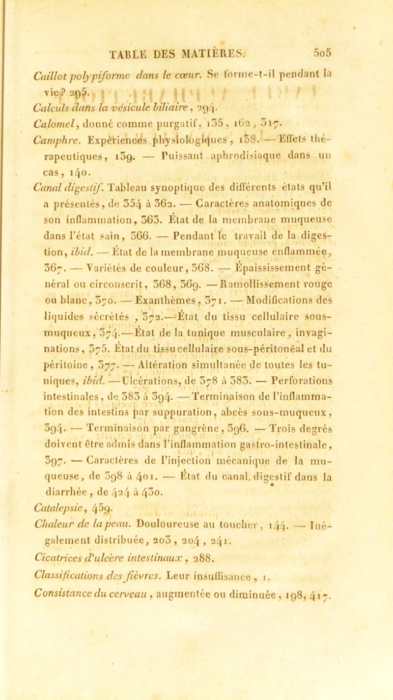 Caillot polypiforme dans le cœur. Se forme-t-il pendant la ■vie? 295. Calculs dans la vésicule biliaire, 2g(\. Calomel, donné comme purgatif, i35, 162, 317. Camphre. Expériences physiologiques, i58.— Eilels thé- rapeutiques, îSç. — Puissant aphrodisiaque dans un cas, i/|0- Canal digestif. Tableau synoptique des différents états qu’il a présentés, de 354 à 36a. — Caractères anatomiques de son inflammation, 365. État de la membrane muqueuse dans l’état sain, 566. — Pendant le travail de la diges- tion, ibid. — État de la membrane muqueuse enflammée, 367. — Variétés de couleur, 568. — Epaississement gé- néral ou circonscrit, 568, 369. —Ramollissement rouge ou blanc, 570. — Exanthèmes ,371. — Modifications des liquides sécrétés , 572.—-État du tissu cellulaire sous- muqueux, 374.•—État de la tunique musculaire, invagi- nations, 575. État du tissu cellulaire sous-péritonéal et du péritoine , 577. — Altération simultanée de toutes les tu- niques, ibid. —Ulcérations, de 578 à 583. — Perforations intestinales, de 583 à 3q4- —Terminaison de l’inflamma- tion des intestins par suppuration, abcès sous-muqueux, 5g4- — Terminaison par gangrène, 696. — Trois degrés doivent être admis dans l’inflammation gastro-intestinale, 397. — Caractères de l’injection mécanique de la mu- queuse, de 5g8 à 401. — État du canal, digestif dans la diarrhée , de 424 à 45o. Catalepsie, 45g. Chaleur de la peau. Douloureuse au toucher, ï 44- — Iné- galement distribuée, 2o5 , 204 , 24». Cicatrices d'ulcère intestinaux, 288. Classifications des fièvres. Leur insuffisance, 1. Consistance du cerveau , augmentée ou diminuée, 198, 417.