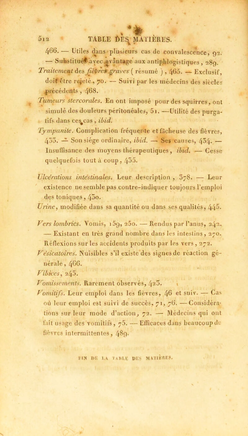 466. — Utiles dans plusieurs cas de convalescence, 92. — Substitué# ayecujvântage aux antiphlogistiques , 289. Traitement des Jiepfe» graves ( résumé ) , 465. — Exclusif, doit être rajeté., 70. — Suivi par les médecins des siècles précédents , 468. , Tumeurs stercorales. En ont imposé pour des squirres, ont simulé des douleurs péritonéales, 5i. —Utilité des purga- tifs dans ce^cas , ibid. Tyrnpanile. Complication fréquente et fâcheuse des fièvres, 453. — Son siège ordinaire, ibid. —. Ses causes, 434. — Insuffisance des moyens thérapeutiques, ibid. — Cesse quelquefois tout à coup, 435. Ulcérations intestinales. Leur description , 578. — Leur existence ne semble pas eontre-indiquer toujours l’emploi des toniques, 43o. Unne, modifiée dans sa quantité ou dans scs qualités, 44^. Vers lombrics. Vomis, 159,200.—Rendus par l’anus, 242. — Existant en très grand nombre dans les intestins, 270. Réflexions sur les accidents produits par les vers, 272. Vésicatoires. Nuisibles s’il existe des signes de réaction gé- nérale , 466. Vibices, 245. Vomissements. Rarement observés, 4'^3. \ Vomitifs. Leur emploi dans les fièvres, 46 et suiv. — Cas où leur emploi est suivi de succès. 71, 76. —Considéra- tions sur leur mode d’action, 72. — Médecins qui ont fait usage des vomitifs, 75. — Efficaces dans beaucoup de fièvres intermittentes, 489. fin ni; i.a table des matières.