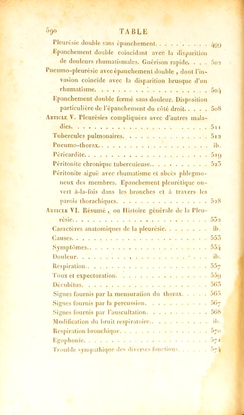 Pleurésie double sans épanchement 4y<) Epanchement double coïncidant avec la disparition de douleurs rhumatismales. Guérison rapide. . . . 502 Pncumo-pleurésic avec épanchement double , dont l’in- vasion coïncide avec la disparition brusque d’un rhumatisme . 5o'j Epanchement double formé sans douleur. Disposition particulière de l’épanchement du côté droit 5o8 Article V. Flcurésies compliquées avec d’autres mala- dies 511 Tubercules pulmonaires 5ia Pneumo-thorax ib. Péricardite 5i<) Péritonite chronique tuberculeuse 5a5 Péritonite aiguë avec rhumatisme cl abcès phlegmo- ueux des membres. Epanchement pleurétique ou- vert ù-la-fois dans les bronches et travers les parois thorachiques 5s8 Article VI. Résumé, ou Histoire générale de la Pleu- résie Caractères anatomiques de la pleurésie. . . . Causes Symptômes Douleur Respiration Toux et expectoration Décubitus Signes fournis par la mensuration du thorax Signes fournis par la percussion Signes fournis par l’auscultation Modification du bruit respiratoire Respiration bronchique Egophonie Trouble sympathique des diverses fonctions. f)02 ib. 555 554 ib. 557 5f)() 565 565 56- 568 il».