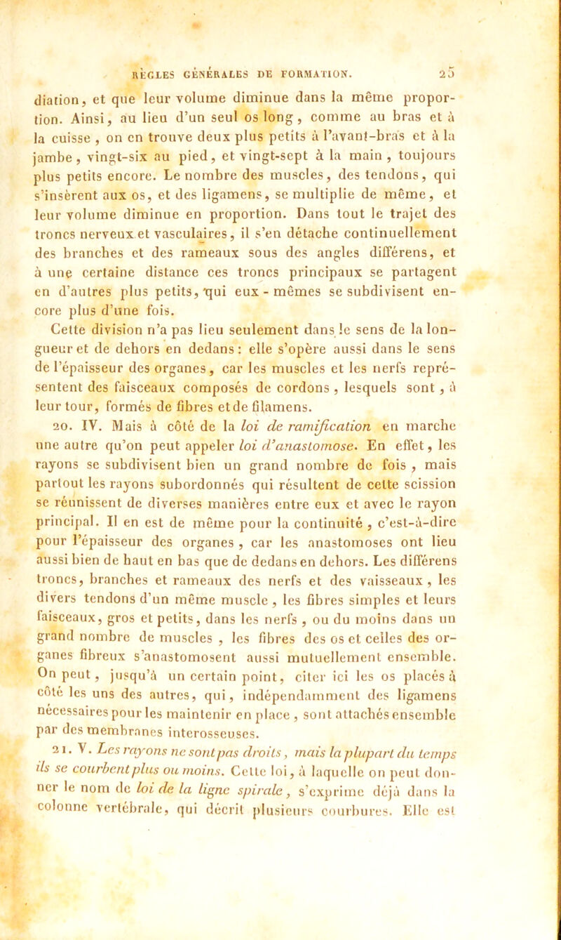 diation, et que leur volume diminue dans la même propor- tion. Ainsi, au lieu d’un seul os long, comme au bras et à la cuisse , on en trouve deux plus petits à l’avant-bras et à lu jambe, vingt-six au pied, et vingt-sept à la main, toujours plus petits encore. Le nombre des muscles, des tendons, qui s’insèrent aux os, et des ligamens, se multiplie de même, et leur volume diminue en proportion. Dans tout le trajet des troncs nerveux et vasculaires, il s’en détache continuellement des branches et des rameaux sous des angles différens, et à une certaine distance ces troncs principaux se partagent en d’autres plus petits, tjui eux - mêmes se subdivisent en- core plus d’une fois. Cette division n’a pas lieu seulement dans le sens de la lon- gueur et de dehors en dedans: elle s’opère aussi dans le sens de l’épaisseur des organes, car les muscles et les nerfs repré- sentent des faisceaux composés de cordons , lesquels sont, à leur tour, formés de fibres et de filamens. 20. IV. Mais à côté de la loi de ramification en marche une autre qu’on peut appeler loi d’anastomose. En effet, les rayons se subdivisent bien un grand nombre de fois , mais partout les rayons subordonnés qui résultent de celte scission se réunissent de diverses manières entre eux et avec le rayon principal. Il en est de même pour la continuité , c’est-à-dire pour l’épaisseur des organes , car les anastomoses ont lieu aussi bien de haut en bas que de dedans en dehors. Les différens troncs, branches et rameaux des nerfs et des vaisseaux, les divers tendons d’un même muscle, les fibres simples et leurs faisceaux, gros et petits, dans les nerfs , ou du moins dans un grand nombre de muscles , les fibres des os et celles des or- ganes fibreux s’anastomosent aussi mutuellement ensemble. On peut, jusqu’à un certain point, citer ici les os placés à coté les uns des autres, qui, indépendamment des ligamens necessaires pour les maintenir en place , sont attachés ensemble par des membranes interosseuses. 21. V. Les rayons ne sont pas droits, mais la plupart du temps ds se courbent plus ou moins. Celle loi, à laquelle on peut don- ner le nom de loi de la ligne spirale, s’exprime déjà dans la colonne vertébrale, qui décrit plusieurs courbures. Elle est