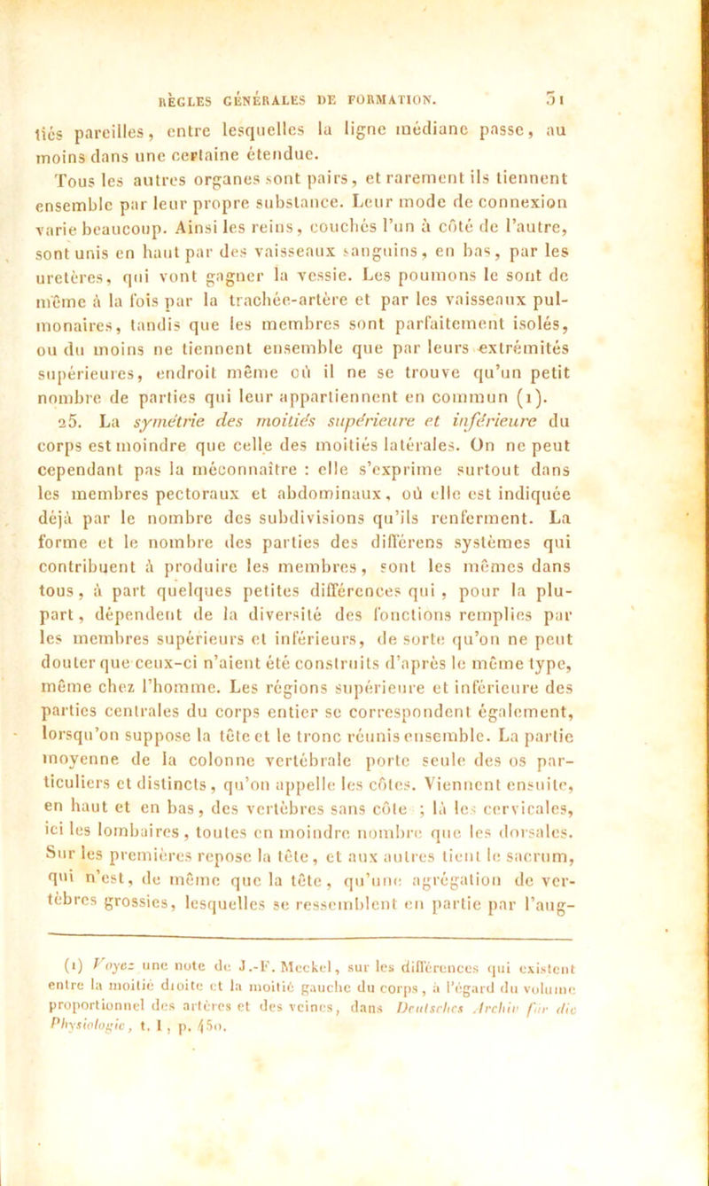 lies pareilles, entre lesquelles la ligne médiane passe, au moins dans une certaine étendue. Tous les autres organes sont pairs, et rarement ils tiennent ensemble par leur propre substance. Leur mode de connexion varie beaucoup. Ainsi les reins, couchés l’un à côté de l’autre, sont unis en haut par des vaisseaux sanguins, en bas, par les uretères, qui vont gagner la vessie. Les poumons le sont de même à la fois par la trachée-artère et par les vaisseaux pul- monaires, tandis que les membres sont parfaitement isolés, ou du moins ne tiennent ensemble que par leurs extrémités supérieures, endroit même cù il ne se trouve qu’un petit nombre de parties qui leur appartiennent en commun (1). a5. La symétrie des moitiés supérieure et inférieure du corps est moindre que celle des moitiés latérales. On ne peut cependant pas la méconnaître : elle s’exprime surtout dans les membres pectoraux et abdominaux, où elle est indiquée déjà par le nombre des subdivisions qu’ils renferment. La forme et le nombre des parties des différens systèmes qui contribuent à produire les membres, sont les mêmes dans tous, à part quelques petites différences qui , pour la plu- part, dépendent de la diversité des fonctions remplies par les membres supérieurs et inférieurs, de sorte qu’on ne peut douter que ceux-ci n’aient été construits d’après le même type, même chez l’homme. Les régions supérieure et inférieure des parties centrales du corps entier se correspondent également, lorsqu’on suppose la tête et le tronc réunis ensemble. La partie moyenne de la colonne vertébrale porte seule des os par- ticuliers et distincts, qu’on appelle les côtes. Viennent ensuite, en haut et en bas, des vertèbres sans côte ; là les cervicales, ici les lombaires, toutes en moindre nombre que les dorsales. Sur les premières repose la tête, et aux autres tient le sacrum, qui n’est, de même que la tête, qu’une agrégation de ver- tèbres grossies, lesquelles se ressemblent en partie par l’an g— (0 Voyez une note de J.-F.Meckel, sur les différences qui existent entre la moitié dioite et la moitié gauche du corps, à l’égard du volume proportionnel des artères et des veines, dans IJctitsrIies A rehiv fur die Physiologie, t. I , p. t\ 5o.