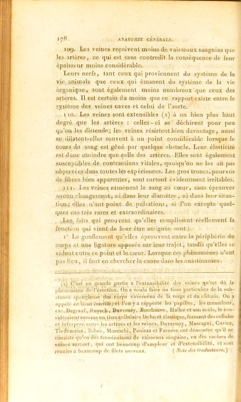 109. Les veines reçoivent moins de vaisseaux sanguins que les artères, ce qui est sans contredit la conséquence de leur épaisseur moins considérable. Leurs nerfs, tant ceux qui proviennent du système de la vie animale que ceux qui émanent du système de la vie organique, sont également moins nombreux que ceux des artères. Il est certain du moins que ce rapport existe entre le système des veines caves et celui de l’aorte. 110. Les veines sont extensibles (1) à un bien plus haut degré que les artères : celles-ci se déchirent pour peu qu’on les distende; les .veines résistent bien davantage, aussi se diialent-elles souvent à un point considérable lorsque le cours du sang est gêné par quelque obstacle. Leur élasticité est donc moindre que celle des artères. Elles sont également susceptibles de contractions vitales, quoiqu’on ne les ait pas obgervéqs duûs toutes lés expériences. Les gros troncs, pourvus de fibres bien apparentes, sont surtout évidemment irritables. ni. Les Veines ramènent le sang au cœur, sans éprouver aucun changement, ni dans leur diamètre, ni dans leur situa- tiqPy elles n’ont point de pulsations, si l’on excepte quel- ques cas trés rares et extraordinaires. ï>e.S; faits qui prouvent qu’elles remplissent réellement la fonction qui vient de leur être assignée sont : 1 Le gonflement qu’elles éprouvent entre la périphérie du oorpt» et une ligature apposée sur leur trajet, tandis qu’elles se vident entre ce point et le cœur. Lorsque ces phénomènes n’ont pas lieu, il faut en chercher la cause dans les anastomoses. ■ •1 • ■ . ■ ■, l'i Itl'i«- • • ■ . ~.L - ' ,;i , ' _ i .*•» (1} C’est en gravide partie il l’extensibilité des veines qu’est dû le 1 phénomène de'l'érection. Ôn a voulu faire un tissu particulier delà sub- i stance spongieuse des corps caverneux de la verge et du clitoris. On a ; appelé ce'tiesrr iTdfh'/o; et l’on y a rapporté les papilles, les mamelons, i etc. Degraaf, Roysch , Duvernèy, Boerhaave, llaller et son école, le ton- d sidéraient comme un, tissu cellulaire hlchcct élastique, formant des cellules I et interposé entre les artères et les veines. Duvernoy , Mascagni, Cuvier, a Tiedemann, Ribes, Moreschi, Fanizza et Farnese ont démontré qu il ne j consiste qu’en dès terminaisons de vaisseaux sanguins, en des racines de veines surtout, qui ont beaucoup d'ampleur et d’extensibilité, et sont I réunies à beaucoup de filets nerveux. ( Note des traducteurs.) i