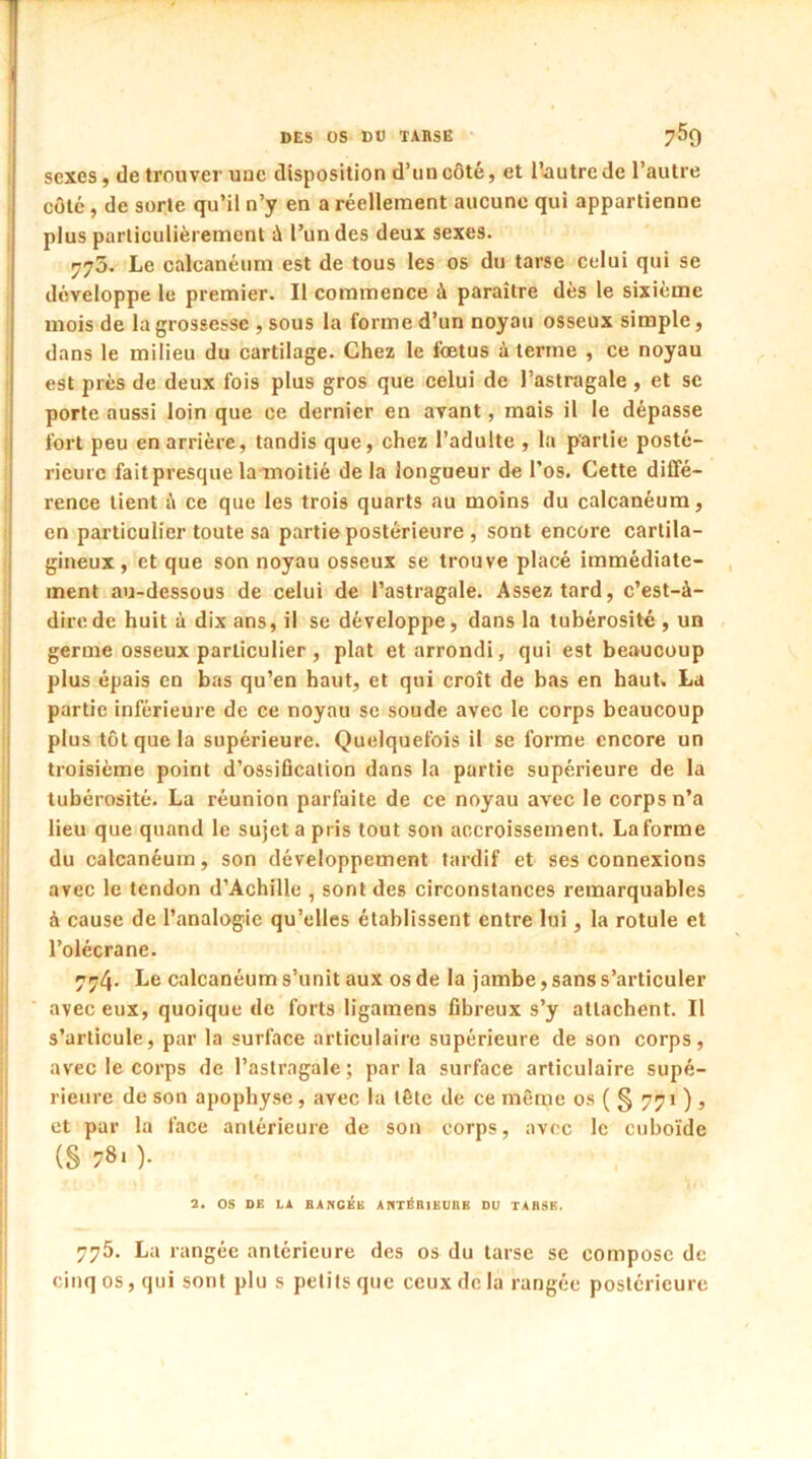 sexes, de trouver une disposition d’un côté, et l’autre de l’autre côté, de sorte qu’il n’y en a réellement aucune qui appartienne plus particulièrement à l’un des deux sexes. 775. Le calcanéum est de tous les os du tarse celui qui se développe le premier. Il commence à paraître dès le sixième mois de la grossesse , sous la forme d’un noyau osseux simple, dans le milieu du cartilage. Chez le fœtus à terme , ce noyau est près de deux fois plus gros que celui de l’astragale , et se porte aussi loin que ce dernier en avant, mais il le dépasse fort peu en arrière, tandis que, chez l’adulte , la partie posté- rieure fait presque la moitié delà longueur de l’os. Cette diffé- rence tient à ce que les trois quarts au moins du calcanéum, en particulier toute sa partie postérieure , sont encore cartila- gineux, et que son noyau osseux se trouve placé immédiate- ment au-dessous de celui de l’astragale. Assez tard, c’est-à- dire de huit à dix ans, il se développe, dans la tubérosité , un germe osseux particulier , plat et arrondi, qui est beaucoup plus épais en bas qu’en haut, et qui croît de bas en haut. La partie inférieure de ce noyau se soude avec le corps beaucoup plus tôt que la supérieure. Quelquefois il se forme encore un troisième point d’ossification dans la partie supérieure de la tubérosité. La réunion parfaite de ce noyau avec le corps n’a lieu que quand le sujet a pris tout son accroissement. La forme du calcanéum, son développement tardif et ses connexions avec le tendon d’Achille , sont des circonstances remarquables à cause de l’analogie qu’elles établissent entre lui, la rotule et l’olécrane. 774. Le calcanéum s’unit aux os de la jambe, sans s’articuler avec eux, quoique de forts ligamens fibreux s’y attachent. Il s’articule, par la surface articulaire supérieure de son corps, avec le corps de l’astragale; parla surface articulaire supé- rieure de son apophyse, avec la tête de ce même os ( § 771 ) , et par la face antérieure de son corps, avec le cuboïde (§ 781 )• 2. OS DE LA RANCEE ANTÉRIEURE DU TARSE, 775. La rangée antérieure des os du tarse se compose de cinq os, qui sont plu s petits que ceux de la rangée postérieure