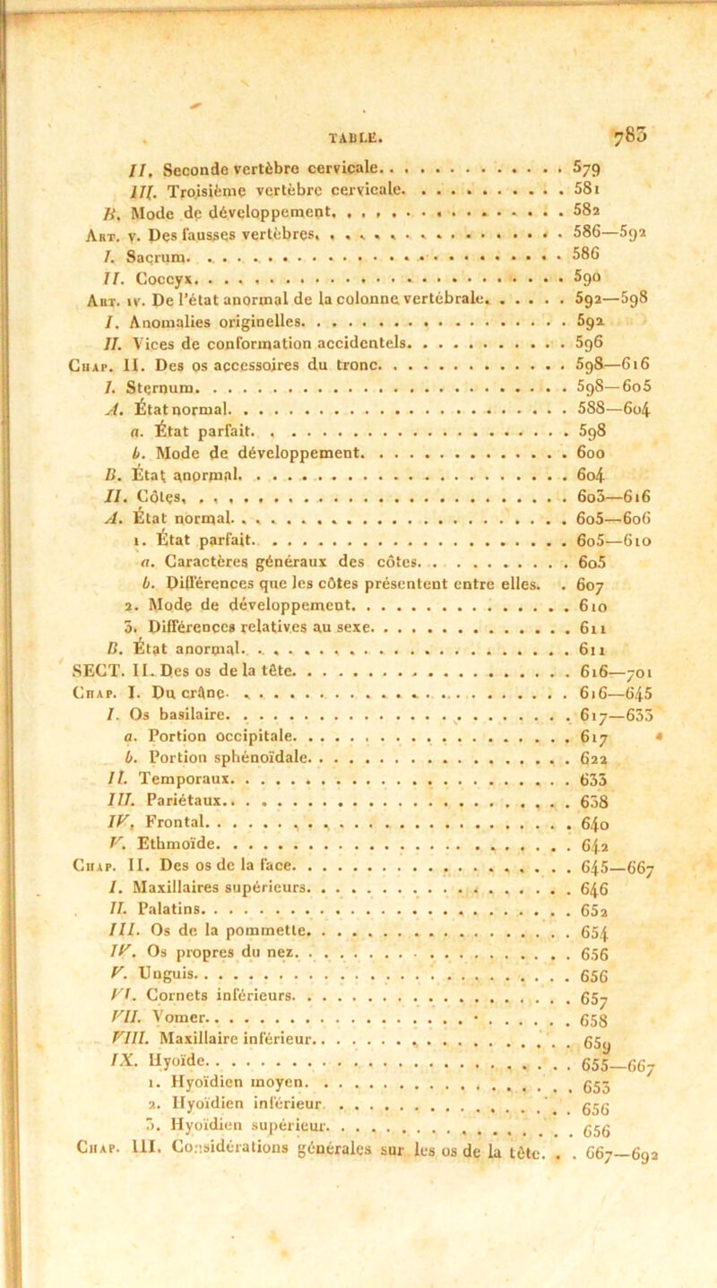 II. Seconde vertèbre cervicale 579 III. Troisième vertèbre cervicale 581 B. Mode de développement. . , . 582 Art. y. Des fausses vertèbres, 586—5g2 I. Saçrum. 586 II. Coccyx. 590 Art. iv. De l’état anormal de la colonne vertébrale 592—5g8 I. Anomalies originelles 592 II. Vices de conformation accidentels 5g6 Chap. II. Des os accessoires du tronc 5g8—616 7. Sternum 59S—6o5 A. État normal 588—6o4 a. État parfait 5g8 b. Mode de développement 600 B. Éta( anormal. 6o.j II. Côtes, 6o5—616 A. État normal. 6o5—606 1. État parfait 6o5—610 a. Caractères généraux des côtes 6o5 b. Différences que les côtes présentent entre elles. . 607 2. Mode de développement 610 5. Différences relatives au sexe 6ri B. État anormal.. 611 SECT. II. Des os de la tête . ... . 616—701 Chap. I. Du crâne- » 616—645 7. Os basilaire. 617—635 a. Portion occipitale ,617 b. Portion sphénoïdale 622 II. Temporaux 635 777. Pariétaux , . . 658 IV, Frontal 64o V. Ethmoïde 642 Chap. II. Des os de la face 645—667 7. Maxillaires supérieurs 646 77. Palatins 65a III. Os de la pommette. 654 IV. Os propres du nez 656 V. Uuguis 656 VI. Cornets inférieurs 657 VII. Vomer • 658 VIII. Maxillaire inférieur 65g IX. Hyoïde 655—667 1. Hyoïdien moyen 653 2. Hyoïdien inférieur. ' ggg 3. Hyoïdien supérieur 656 Chap. III. Considérations générales sur les os de la tête. . . 667—692