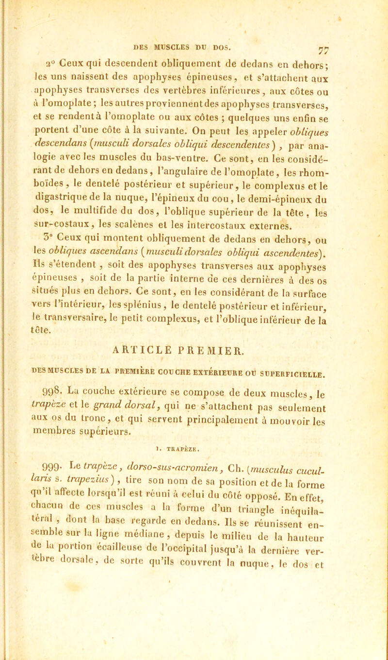 Ceux qui descendent obliquement de dedans en dehors; les uns naissent des apophyses épineuses, et s’attachent aux apophyses transverses des vertèbres inférieures, aux côtes ou à l’omoplate ; les autres proviennent des apophyses transverses, et se rendent à l’omoplate ou aux côtes ; quelques uns enfin se portent d’une côte à la suivante. On peut les appeler obliques descendons (^rnusculi dorsales ohliqui descendentes) , par ana- logie avec les muscles du bas-ventre. Ce sont, en les considé- rant de dehors en dedans, l’angulaire de l’omoplate, les rhom- boïdes , le dentelé postérieur et supérieur, le complexus et le digastrique de la nuque, l’épineux du cou, le demi-épineux du dos, le multifide du dos, l’oblique supérieur de la tête, les sur-costaux, les scalénes et les intercostaux externes. 3° Ceux qui montent obliquement de dedans en dehors, ou les obliques ascendans {musculidorsales obliqui ascendentes). Ils s’étendent , soit des apophyses transverses aux apophyses épineuses , soit de la partie interne de ces dernières à des os situés plus en dehors. Ce sont, en les considérant de la surface vers l’intérieur, lessplénius, le dentelé postérieur et inférieur, le transversaire, le petit complexus, et l’oblique inférieur de la tête. ARTICLE PREMIER. DES MUSCLES DE LA PREMIERE COUCHE EXTERIEURE OU SUPERFICIELLE. 998. La couche extérieure se compose de deux muscles, le trapèze et le grand dorsal, qui ne s’attachent pas seulement aux os du tronc, et qui servent principalement ù mouvoir les membres supérieurs. 1. TBAPÈZE. 999. he. trapèze, dorso-sus-acroniien, Ch. {musculus cucul- lans s. trapezius), tire son nom de sa position et de la forme qu’il affecte lorsqu’il est réuni à celui du côté opposé. En effet, chacun de ces muscles a la forme d’un triangle inéquiln- téral , dont la base regarde en dedans. Ils se réunissent en- semble sur la ligne médiane, depuis le milieu de la hauteur de la portion écailleuse de l’occipital jusqu’à la dernière ver- tèbre dorsale, de .sorte qu’ils couvrent la nuque, le dos et