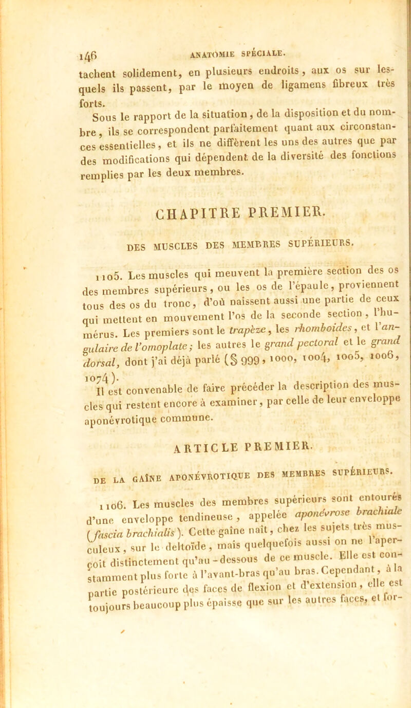 tachent solidement, en plusieurs endroits, aux os sur les- quels ils passent, par le moyen de ligamens fibreux très forts. Sous le rapport de la situation, de la disposition et du nom- bre ils se correspondent parlaitement quant aux circonstan- ces essentielles, et ils ne diffèrent les uns des autres que par des modifications qui dépendent de la diversité des fonctions remplies par les deux membres. CHAPITRE PREMIER. des muscles des membres supérieurs. 1 io5. Les muscles qui meuvent la première section des os des membres supérieurs, ou les os de l’épaule, proviennent tous des os du tronc, d’où naissent aussi une partie de ceux qui mettent en mouvement l’os de la seconde section, 1 hu- mérus. Les premiers sont le trapèze, les rhomboïdes, et l an- mdaire de l’omoplate; les autres le ^rand pectoral et le granrf dorsal, dont j’ai déjà parlé (S 999 > ifest convenable de faire précéder la description des mus- cles qui restent encore à examiner, par celle de leur enveloppe aponévrotique commune. article premier. de la gaîne aponévrotique des membres supérieurs. iio6. Les muscles des membres supérieurs sont entourés d’une enveloppe tendineuse , appelée aponés^rose brachiale ( fascia brachialis). Cette gaine naît, chez les sujets très mus- ^leux, sur le deltoïde, mais quelquefois aussi on ne 1 aper- çoit distinctement qu’au-dessous de ce muscle. EUe es con- Lmment plus forte à l’avanl-bras qu’au bras. Cependant, à la partie postérieure c^es faces de flexion et d’extension, elle est toujours beaucoup plus épaisse que sur les autres fitees, et for-
