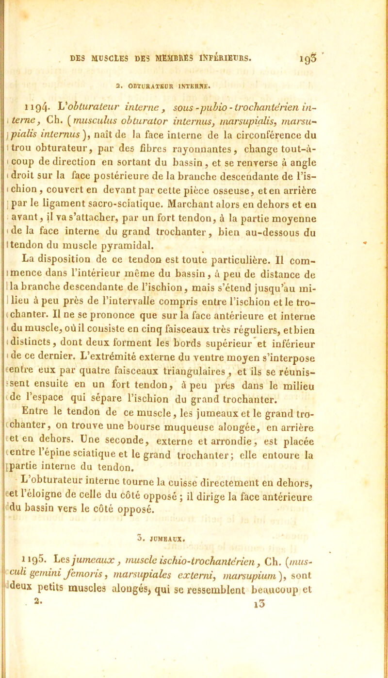 a, OBTUBATBOR INTERNE. 1194. h'obturateur interne, sous-pubio-trochantérien in- \ terne, Ch. {^musculus obturator internus, tnarsupialis, marsu- ]pialis internus na.îi àe la face interne de la circonférence du Itrou obturateur, par des fibres rayonnantes, change tout-à- I coup de direction en sortant du bassin, et se renverse à angle ( droit sur la face postérieure de la branche descendante de l’is- • chion, couvert en devant par cette pièce osseuse, et en arrière ] par le ligament sacro-sciatique. Marchant alors en dehors et en . avant, il va s’attacher, par un fort tendon, à la partie moyenne t de la face interne du grand trochanter, bien au-dessous du Itendon du muscle pyramidal. La disposition de ce tendon est toute particulière. Il com- imence dans l’intérieur même du bassin, à peu de distance de lia branche descendante de l’ischion, mais s’étend jusqu’au mi- 1 lieu à peu près de l’intervalle compris entre l’ischion et le tro- ( chanter. Il ne se prononce que sur la face antérieure et interne I du muscle, où il consiste en cinq faisceaux très réguliers, et bien (distincts, dont deux forment les bords supérieur et inférieur I de ce dernier. L’extrémité externe du ventre moyen s’interpose centre eux par quatre faisceaux triangulaires , et ils se réunis- ssent ensuite en un fort tendon, à peu près dans le milieu cde l’espace qui sépare l’ischion du grand trochanter. Entre le tendon de ce muscle, les jumeaux et le grand tro- (chanter, on trouve une bourse muqueuse alougée, en arrière tet en dehors. Une seconde, externe et arrondie, est placée centre 1 épine sciatique et le grand trochanter; elle entoure la {partie interne du tendon. L obturateur interne tourne la cuisse directement en dehors, cet 1 éloigne de celle du côté opposé ; il dirige la face antérieure 'du bassin vers le côté opposé. 5. JOHEAlfX. 1195. Les, jumeaux, muscle ischio-trochantérien, Ch, {mus- euh gemini femoris, marsupiales externi, marsupium), sont deux petits muscles alougésj qui sc ressemblent beaucoup et