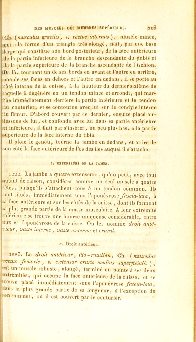 I DES MtSCEEE DES MEMBRES SDPÉniEDBS. ao5 CCh. [musculus gracilis, s. reclus intemus), muscle mince, ^qui a la forme d’un triangle très alongé, naît, par une base Jarge qui constitue son bord postérieur, de la face antérieure iJe la partie inférieure de la branche descendante du pubis et lie la partie supérieure de la branche ascendante de l’ischion. üOe là, tournant un de ses bords en avant et l’autre en arrière, jjne de ses faces en dehors et l’autre en dedans, il se porte au :côté interne de la cuisse, à la hauteur du dernier sixième de laquelle il dégénère en un tendon mince et arrondi, qui mar- :bhe immédiatement derrière la partie inférieure et le tendon Hu couturier, et se contourne avec lui sur le condyle interne Hu fémur. D’abord couvert par ce dernier, ensuite placé au- Idessous de lui, et confondu avec lui dans sa partie antérieure >6t inférieure, il finit par s’insérer, un peu plus bas, à la partie luupérieure de la face interne du tibia. Il ploie le genou, tourne la jambe en dedans , et attire de jon côté la face antérieure de l’os des îles auquel il s’attache. a. BXTENSBDBS DE LA JAMBE. 1222. La jambe a quatre extenseurs , qu’on peut, avec tout lautant de raison, considérer comme un seul muscle à quatre '-êtes, puisqu’ils s’attachent ' tous à un tendon commun. Ils -ont situés, immédiatement sous l’aponévrose fascia-lala, à la face antérieure et sur les côtés de la cuisse, dont ils forment la plus grande partie de la masse musculaire. A leur extrémité nnférieure se trouve une bourse muqueuse considérable, entre eux et 1 aponévrose de la cuisse. On les nomme droit antc- I rieur, vaste interne, vaste externe et crural. a. Droit antérieur. 1223. Le droit antérieur, ilio - rotulien, Ch. {musculus 'rectus femoris , s. extensor cniris médius superficialis ) , ^8t un muscle robuste, alongé, terminé en pointe à ses deux sxtrémités, qui occupe la face antérieure de la cuisse, et se rouve placé immédiatement sous l’aponévrose /nscm-/nto, ans la plus grande partie de sa longueur, à l’exception de on sommet, où il est couvert par le couturier.