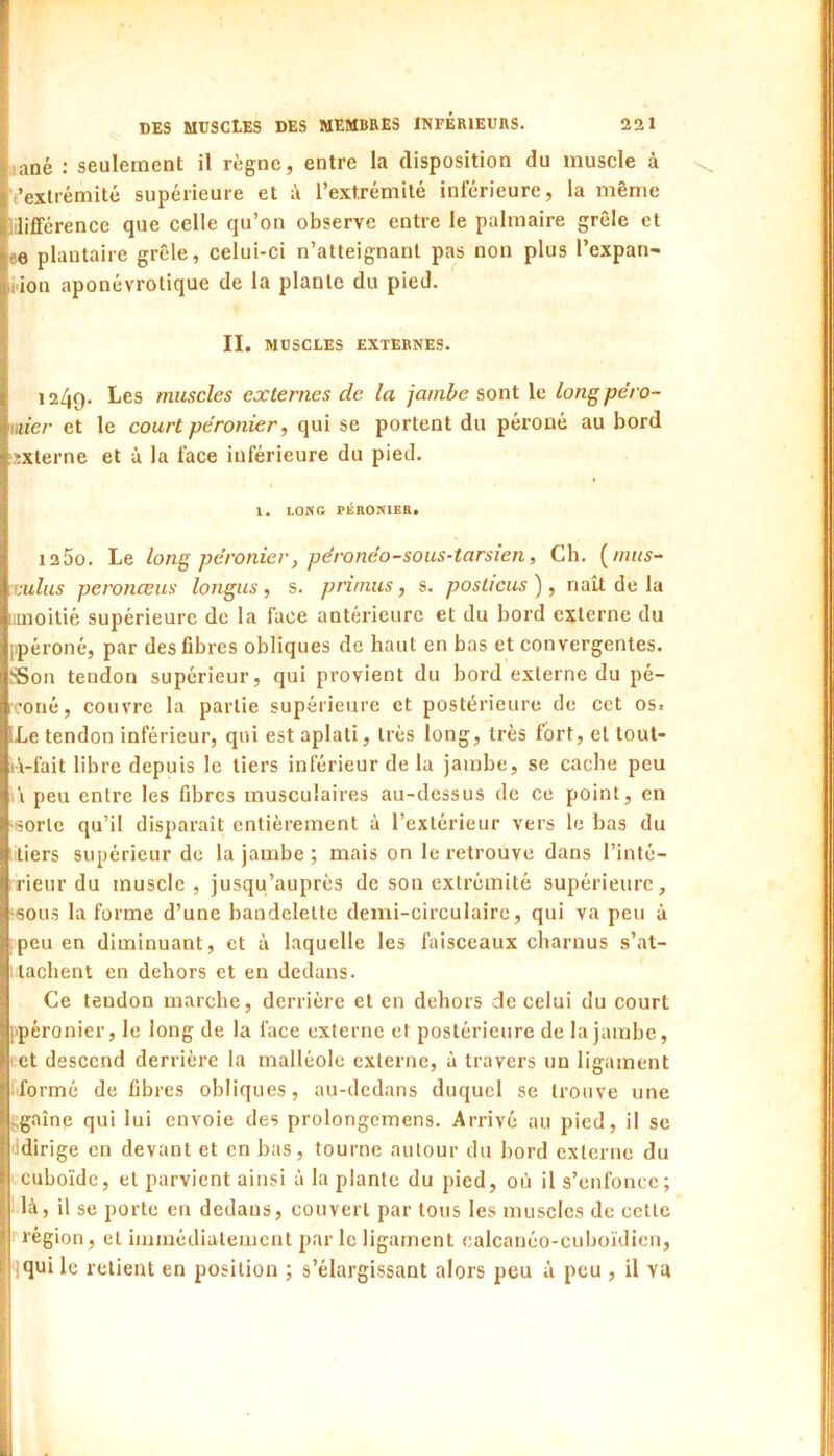 aané : seulement il règne, entre la disposition du muscle à (’exlrémité supérieure et i\ l’extrémité inférieure, la même iilifférence que celle qu’on observe entre le palmaire grêle et «e plantaire grêle, celui-ci n’atteignant pas non plus l’expan- li'ion aponévrotique de la plante du pied. IL MUSCLES EXTERNES. 1249. Les muscles externes de la jambe sont le longpéro- niier et le court péronier, qui se portent du péroné au bord externe et à la face inférieure du pied. 1, LOiNG PÉRONIER. 1250. Le long péronier, péronéo-sous-iarsien, Cb. {mus- ijulus peroncEus longus, s. prirnus, s. posticus'j, naît de lu iiuîoitié supérieure de la face antérieure et du bord externe du ppéroné, par des fibres obliques de haut en bas et convergentes. Son tendon supérieur, qui provient du bord externe du pé- roné, couvre la partie supérieure et postérieure de cet os» LLe tendon inférieur, qui est aplati, très long, très fort, et tout- ik-fait libre depuis le tiers inférieur de la jambe, se cache peu i'i peu entre les fibres musculaires au-dessus de ce point, en ■sorte qu’il disparaît entièrement à l’extérieur vers le bas du tiers supérieur de la jambe ; mais on le retrouve dans l’inté- rieur du muscle, jusqu’auprès de son extrémité supérieure, •sous la forme d’une bandelette demi-circulaire, qui va peu à ipeu en diminuant, et à laquelle les faisceaux charnus s’at- : tachent en dehors et en dedans. Ce tendon marche, derrière et en dehors de celui du court [ipéronier, le long de la face externe et postérieure de la jambe, ict descend derrière la malléole externe, à travers un ligament iformé défibrés obliques, au-dedans duquel se trouve une t.gaîne qui lui envoie des prolongcmens. Arrivé au pied, il se Idirige en devant et en bas, tourne autour du bord externe du cuboïde, et parvient ainsi à la plante du pied, où il s’enfonce; là, il se porte en dedans, couvert par tous les muscles de cette région, et immédiatement par le ligament calcanéo-cuboïdicn, iqui le retient en position ; s’élargissant alors peu à peu , il va