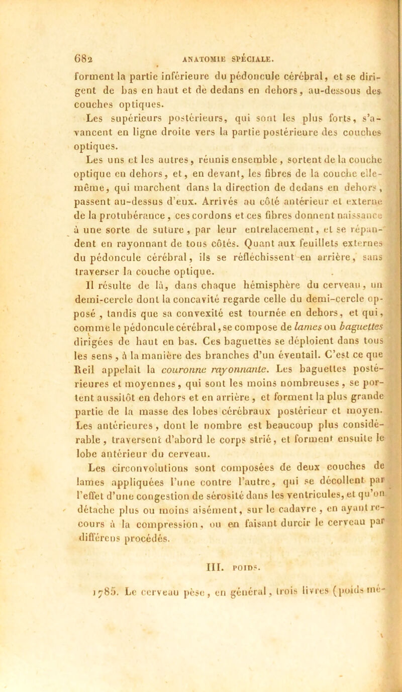 forment la partie inférieure du pédoncule cérébral, et se diri- gent de bas en haut et de dedans en dehors, au-dessous des^ couches optiques. Les supérieurs postérieurs, qui sont les plus forts, s’a- vancent en ligne droite vers la partie postérieure des couches optiques. Les uns et les autres, réunis ensemble , sortent de la couche optique en dehors, et, en devant, les fibres de la couche elle- même, qui marchent dans la direction de dedans en dehors , passent au-dessus d’eux. Arrivés au côté antérieur et externe de la protubérance , ces cordons et ces fibres donnent naissance à une sorte de suture, par leur entrelacement, et se répan-' dent en rayonnant de tous côtés. Quant aux feuillets externes du pédoncule cérébral, ils se réfléchissent en arrière, sans traverser la couche optique. Il résulte de là, dans chaque hémisphère du cerveau, un demi-cercle dont la concavité regarde celle du demi-cercle op- posé , tandis que sa convexité est tournée en dehors, et qui, comme le pédoncule cérébral, se compose de/amesou baguettes dirigées de haut en bas. Ces baguettes se déploient dans tous les sens , à la manière des branches d’un éventail. C’est ce que Reil appelait la couronne rayonnante. Les baguettes posté- rieures et moyennes, qui sont les moins nombreuses, se por- tent aus.sitôt en dehors et en arrière, et forment la plus grande partie de la masse des lobes cérébraux postérieur cl moyen. Les antérieures, dont le nombre est beaucoup plus considé- rable, traversent d’abord le corps strié, et formenf ensuite le lobe antérieur du cerveau. Les circonvolutions sont composées de deux couches de lames appliquées l’une contre l’autre, qui se décollent par l’effet d’une congestion de sérosité dans les ventricules, et qu’on ' détache plus ou moins aisément, sur le cadavre , en tayaut re- cours à la compression, ou en faisant durcir le cerveau par différens procédés. III. POIDS. 1780. Le cerveau pèse, en général , trois livres (poids mé-