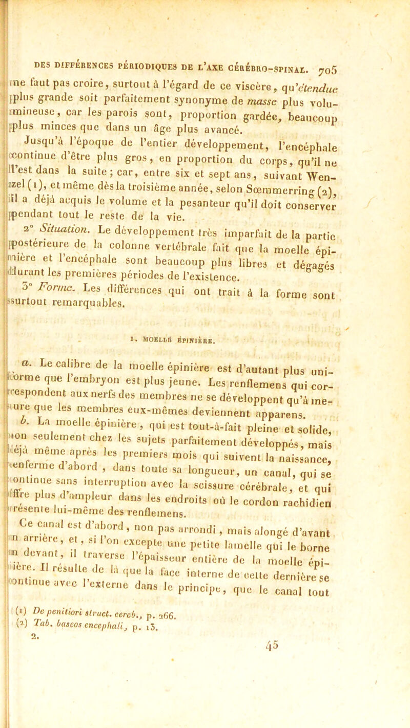 |ine faut pas croire, surtout à l’égard de ce viscère, qu^ctendue |[plus grande soit parfaitement synonyme de masse plus volu- ,j|imineuse, car les parois sont, proportion gardée, beaucoup |iplus minces que dans un flge plus avancé. Jusqu’à l’époque de l’entier développement, l’encéphale ocontinue d être plus gros, en proportion du corps, qu’il ne Il est dans la suite; car, entre six et sept ans, suivant Wen- Kel (i), et même dès la troisième année, selon Sœramerring (2), ill a déjà acquis le volume et la pesanteur qu’il doit conserver ([pendant tout le reste de la vie. 2'- Situation. Le développement très imparfait de la partie [postérieure de la colonne vertébrale fait que la moelle épi- nmere et l’encéphale sont beaucoup plus libres et dégagés lUurant les premières périodes de l’existence. 0“ Forme. Les différences qui ont trait à la forme sont ^surtout remarquables. . 1. mobllb épinièbb, O. Le calibre de la moelle épinière est d’autant plus uni- -orme que 1 embryon est plus jeune. Les rcnflemens qui cor- rrespondent aux nerfs des membres ne se développent qu’à me- f ure que les membres eux-mêmes deviennent apparens. b. La moelle epinière, qui est tout-à-fait pleine et solide, |-ou seulement cher les sujets parfaitement développés, mais eTf ‘'‘'i suivent la naissance, renferme d abord , dans toute sa longueur, un canal, qui se . ontmue sans mterrupliou avec la scissure cérébrale, et qui ■ffre plus d ampleur dans les endroits oü le cordon rachidien liresenie lui-même des renfleinens. Ce canal est d’abord , non pas arrondi , mais alongé d’avant a.nère, et, si 1 on excepte une petite lamelle qui le borne tvan , I traverse l’épaisseur entière de la moelle épi- '■■ere. Il resuite de là que la face interne de celte dernière se i^ontinueavec l’externe dans le principe, que le canal : (1) pentüori alruct. cereb., p. y66. (2) Tab. bascos encephalij p. i3, 2. q5 I