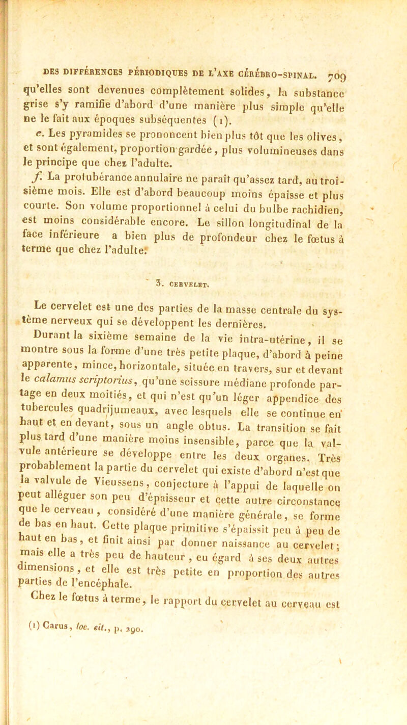 qu’elles sont devenues complètement solides, la substance grise s’y ramifie d’abord d’une manière j)lus simple qu’elle De le fait aux époques subséquentes (i). e. Les pyramides se prononcent bien plus tôt que les olives, et sont également, proportion gardée, plus volumineuses dans le principe que chei l’adulte. f. La protubérance annulaire ne paraît qu’assez tard, au troi- sième mois. Elle est d’abord beaucoup moins épaisse et plus courte. Son volume proportionnel à celui du bulbe rachidien, est moins considérable encore. Le sillon longitudinal de la face inférieure a bien plus de profondeur chez le fœtus à terme que chez l’adulte; 3. cebvelht. Le cervelet est une des parties de la masse centrale du sys- tème nerveux qui se développent les dernières. Durant la sixième semaine de la vie intra-utérine, il se montre sous la forme d’une très petite plaque, d’abord à peine apparente, mince, horizontale, située en travers, sur et devant le calamus scriptorius, qu’une scissure médiane profonde par- tage en deux moitiés, et qui n’est qu’un léger appendice des tubercules quadrijumeaux, avec lesquels elle se continue en haut et en devant, sous un angle obtus. La transition se fait plus tard d’une manière moins insensible, parce que la val- vule antérieure se développe entre les deux organes. Très probablement la partie du cervelet qui existe d’abord n’est que la valvule de Vieussens, conjecture à l’appui de laquelle on peut alléguer son peu d’épaisseur et cette autre circonstance que le cerveau , considéré d’une manière générale, se forme de bas en haut. Cette plaque primitive s’épaissit peu à peu de aut en bas, et finit ainsi par donner naissance au cervelet- mais elle a très peu de hauteur , eu égard à ses deux autres’ dimensions, et elle est très petite en proportion des autres parties de l encephale. Chez le fœtus à terme, le rapport du cervelet au cerveau est (i) Carus,/ac. «jt., p. ajjo.