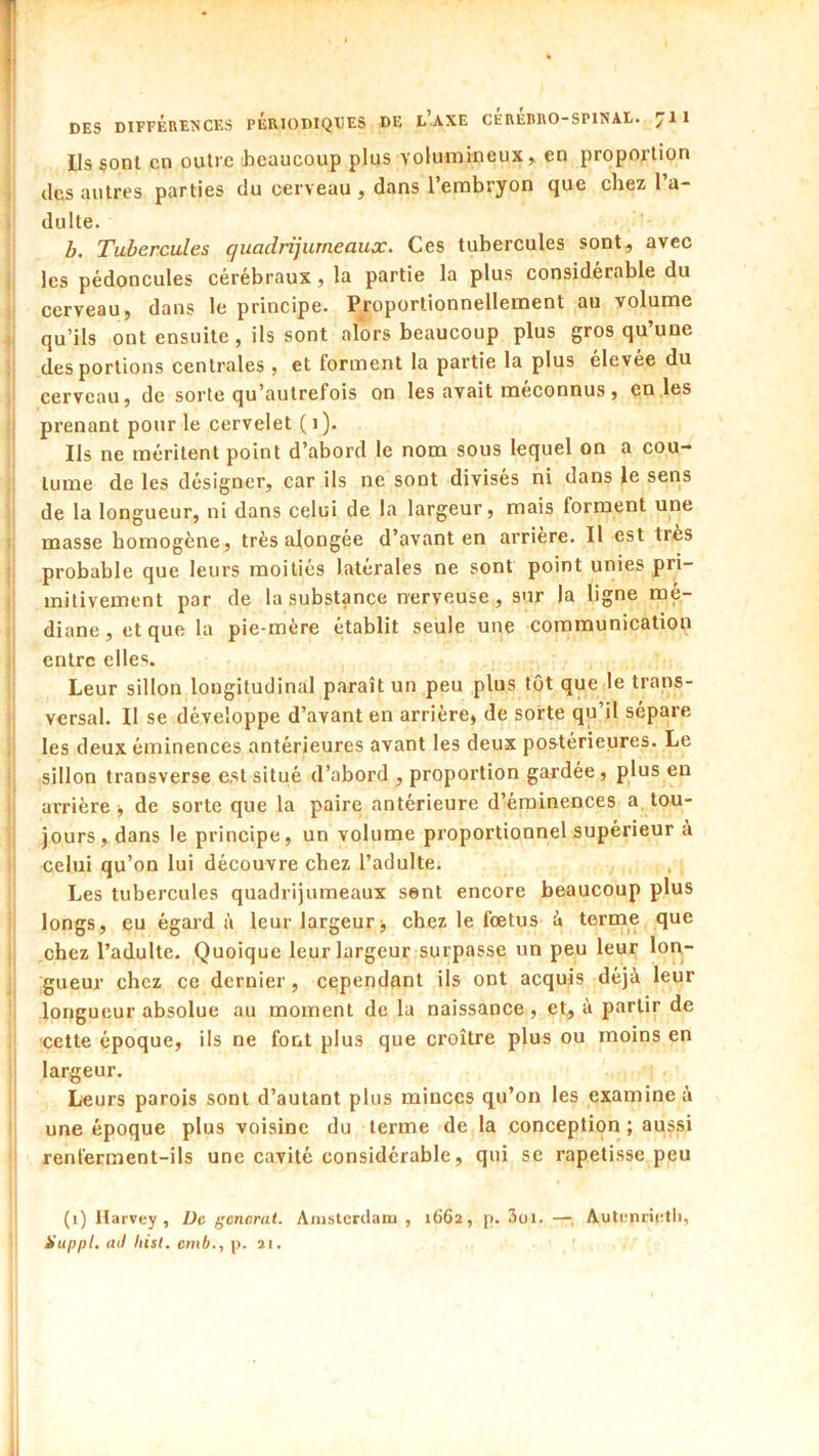 Ils sont en outre beaucoup plus volumineux, en proportion tics antres parties du cerveau , dans l’embryon que chez l’a- i dulte. b. Tubercules quadrijumeaux. Ces tubercules sont, avec i les pédoncules cérébraux, la partie la plus considérable du cerveau, dans le principe. Proportionnellement au volume ^ qu’ils ont ensuite , ils sont alors beaucoup plus gros qu’une des portions centrales , et forment la partie la plus élevée du cerveau, de sorte qu’autrefois on les avait méconnus, cales prenant pour le cervelet ( i). Ils ne méritent point d’abord le nom sous lequel on a cou- tume de les désigner, car ils ne sont divisés ni dans le sens de la longueur, ni dans celui de la largeur, mais forment une ! masse homogène, très alongée d’avant en arriéré. Il est très i probable que leurs moitiés latérales ne sont point unies pri- mitivement par de la substance nerveuse, sur la ligne mé- diane, et que la pie-mère établit seule une communication entre elles. Leur sillon longitudinal paraît un peu plus tôt que le trans- versal. Il se développe d’avant en arrière, de sorte qu’il sépare les deux éminences antérieures avant les deux postérieures. Le sillon transverse est situé d’abord , proportion gardée, plus en arrière, de sorte que la paire antérieure d’éminences a tou- jours, dans le principe, un volume proportionnel supérieur à celui qu’on lui découvre chez l’adulte. Les tubercules quadrijumeaux sent encore beaucoup plus longs, eu égard à leur largeur, chez le fœtus à terme que chez l’adulte. Quoique leur largeur surpasse un peu leur lon- gueur chez ce dernier, cependant ils ont acquis déjà leur longueur absolue au moment de la naissance, et., à partir de cette époque, ils ne font plus que croître plus ou moins en largeur. Leurs parois sont d’autant plus minces qu’on les examine à une époque plus voisine du terme de la conception ; aussi renferment-ils une cavité considérable, qui se rapetisse peu (i) Harvey, De, générât. Aiuslcrdaiu , 1662, p. 3oi. —Autenrictli, Huppl, (ul Itisl. cmb., p. 21. J