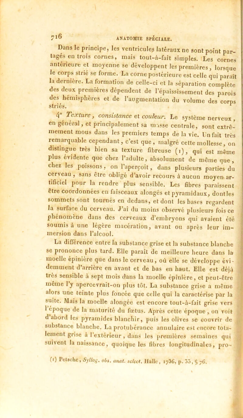 Dans le principe, les ventricules latéraux ne sont point par- tagés en trois cornes, mais tout-A-fait simples. iLes cornes antérieure et moyenne se développent les premières, lorsque le corps strié se forme. La corne postérieure est celle qui paraît la dernière. La formation de celle-ci et la séparation complète des deux premières dépendent de l’épaississement des parois des hémisphères et de l’augmenlalion du volume des corps striés. ^ 4 Texture, consistance et couleur. Le système nerveux , en général, et principalement sa masse centrale, sont extrê- mement mous dans les premiers temps de la vie. Lnfait très remarquable cependant, c’est que, malgré cette mollesse, on distingue très bien sa texture fibreuse (i), qui est même plus évidente que chez l’adulte, absolument de même que, chez les poissons, on l’aperçoit, dans plusieurs parties du cerveau, sans être obligé d’avoir recours à aucun moyen ar- tificiel pour la rendre plus sensible. Les fibres paraissent être coordonnées en faisceaux alongés et pyramidaux, dontles sommets sont tournes en dedans, et dont les bases regardent la surface du cerveau. J’ai du moins observé plusieurs fois ce phénomène dans des cerveaux d’embryons qui avaient été soumis A une légère macération, avant ou après leur im- mersion dans l’alcool. | La différence entre la substance grise et la substance blanche i se prononce plus tard. Elle parait de meilleure heure dans la i moelle épinière que dans le cerveau, où elle se développe évi- demment d’arrière en avant et de bas en haut. Elle est déjà très sensible a sept mois dans la moelle épinière, et peut-être même ly apercevrait-on plus tôt. La substance grise a même alors une teinte plus foncée que celle qui la caractérise par la suite. Mais la moelle alongée est encore tout-ù-fait grise vers 1 époque de la maturité du foetus. Après cette époque, on voit d abord les pyramides blanchir, puis les olives se couvrir de substance blanche, La protubérance annulaire est encore tota- lement grise à l’extérieur , dans les premières semaines qui suivent la naissance, quoique les fibres longitudinales, pro-