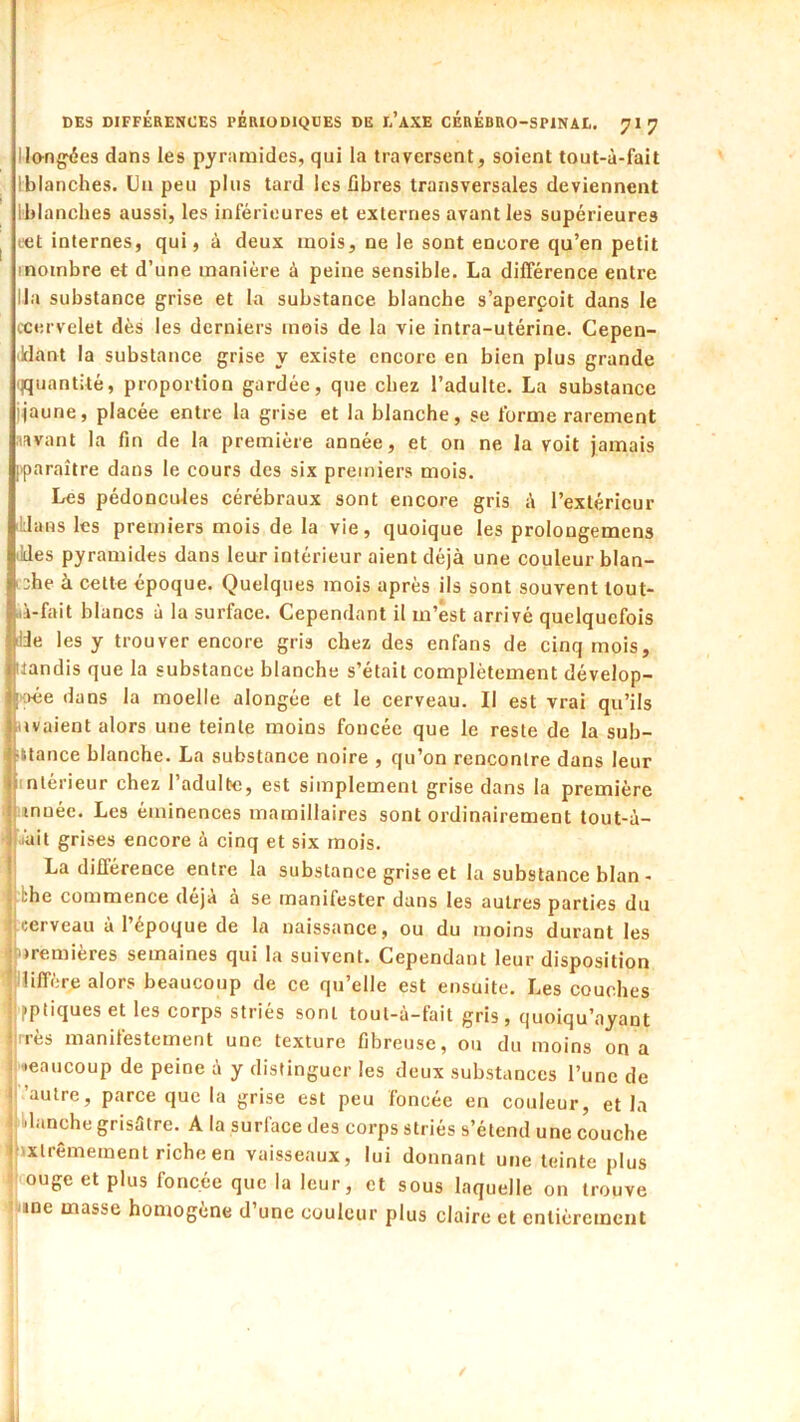 Hongres dans les pyramides, qui la traversent, soient tout-à-fait [blanches. Un peu plus tard les fibres transversales deviennent [blanches aussi, les inférieures et externes avant les supérieures I let internes, qui, à deux mois, ne le sont encore qu’en petit inombre et d’une manière à peine sensible. La différence entre lia substance grise et la substance blanche s’aperçoit dans le ccervelet dès les derniers mois de la vie intra-utérine. Cepen- ildant la substance grise y existe encore en bien plus grande ^quantité, proportion gardée, que chez l’adulte. La substance ijaune, placée entre la grise et la blanche, se forme rarement lavant la fin de la première année, et on ne la voit jamais (paraître dans le cours des six premiers mois. Les pédoncules cérébraux sont encore gris à l’extérieur lUans les premiers mois de la vie, quoique les prolongemens ikles pyramides dans leur intérieur aient déjà une couleur blan- i:he à cette époque. Quelques mois après ils sont souvent lout- Lià-fait blancs à la surface. Cependant il m’est arrivé quelquefois lie les y trouver encore gris chez des enfans de cinq mois, (tandis que la substance blanche s’était complètement dévelop- lioée dans la moelle alongée et le cerveau. Il est vrai qu’ils Rivaient alors une teinte moins foncée que le reste de la sub- ittance blanche. La substance noire , qu’on rencontre dans leur intérieur chez l’adulte, est simplement grise dans la première :muée. Les éminences maraillaires sont ordinairement tout-à- làit grises encore à cinq et six mois. La différence entre la substance grise et la substance blan- ||.hhe commence déjà a se manifester dans les autres parties du (cerveau a 1 époque de la naissance, ou du moins durant les jjoremières semaines qui la suivent. Cependant leur disposition . 'liffère alors beaucoup de ce qu’elle est ensuite. Les couches Cfptiques et les corps striés sont toul-à-fait gris, quoiqu’ayant ijires manilestement une texture fibreuse, ou du moins on a I leaucoup de peine à y distinguer les deux substances l’une de ! ’autre, parce que la grise est peu foncée en couleur, et la ^>Uanche grisâtre. A la surface des corps striés s’étend une couche Ijixtrêmement riche en vaisseaux, lui donnant une teinte plus , ouge et plus foncée que la leur, et sous laquelle on trouve i^me masse homogène d’une couleur plus claire et entièrement