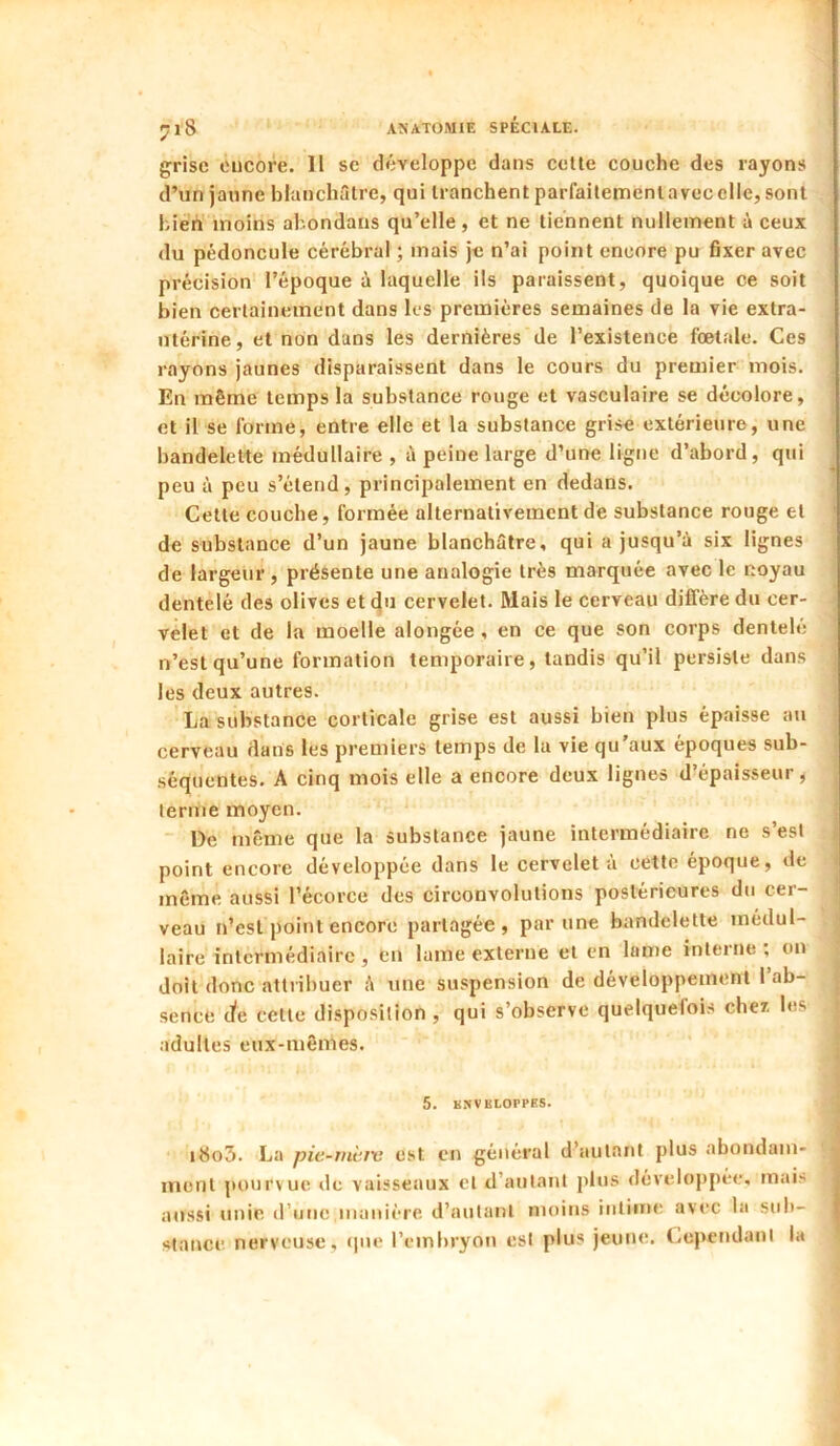 grise encore. II se développe dans cette couche des rayons d’un jaune blanchâtre, qui tranchent parfaitemenlavecclle, sont bien moins abondans qu’elle, et ne tiennent nullement à ceux du pédoncule cérébral ; mais je n’ai point encore pu fixer avec précision l’époque à laquelle ils paraissent, quoique ce soit bien certainement dans les premières semaines de la vie extra- utérine, et non dans les dernières de l’existence foetale. Ces rayons jaunes disparaissent dans le cours du premier mois. En même temps la substance rouge et vasculaire se décolore, et il se forme, entre elle et la substance grise extérieure, une bandelette médullaire, é peine large d’une ligue d’abord, qui peu à peu s’étend, principalement en dedans. Cette couche, formée alternativement de substance rouge et de substance d’un jaune blanchâtre, qui a jusqu’à six lignes de largeur , présente une analogie très marquée avec le noyau dentelé des olives et ^u cervelet. Mais le cerveau diffère du cer- velet et de la moelle alongée , en ce que son corps dentele n’est qu’une formation temporaire, tandis qu’il persiste dans les deux autres. La substance corticale grise est aussi bien plus épaisse au cerveau dans les premiers temps de la vie qu’aux époques sub- séquentes. A cinq mois elle a encore deux lignes d’épaisseur, terme moyen. De même que la substance jaune intermédiaire ne s’est point encore développée dans le cervelet à cette époque, de même aussi l’écorce des circonvolutions postérieures du cer- veau n’est point encore partagée, par une bandelette médul- laire intermédiaire, eu lame externe et en lame interne ; on doit donc attribuer à une suspension de développement I ab- sence d'e cette disposition , qui s’observe quelquefois chez les adultes eux-mêmes. 5. KNVKLOrPES. i8o5. La pie-miiv est en général d’autant plus abondam- ment pourvue de vaisseaux cl d’autant j)lus développée, mais aussi unie d’une manière d’autant moins inliincî avec la sub- stance nerveuse, que l’embryon est plus jeune. Cepetidant la