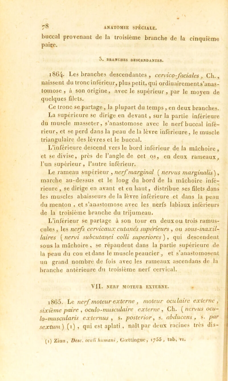buccal provenant de la troisième branche de la cinquième paire. 5. BRANCHES DESCENDANTES. i864- Les branches descendantes, cervico-faciales, Ch., naissent du tronc inférieur, plus petit, qui ordinaircments’anas- tomose , à son origine, avec le supérieur, par le moyen de quelques filets. Ce tronc se partage, la plupart du temps, en deux branches. La supérieure se dirige en devant, sur la partie inférieure du muscle masseter, s’anastomose avec le nerf buccal infé- rieur, et sc perd dans la peau de la lèvre inférieure, le muscle triangulaire des lèvres et le buccal. L’inférieure descend vers le bord inférieur de la mâchoire, et se divise, près de l’angle de cet os, en deux rameaux, l’un supérieur, l’autre inférieur. Le rameau supérieur , nerf marginal ( nervus marginalis ), marche au-dessus et le long du bord de la mâchoire infé- rieure , se dirige en avant et en haut, distribue ses filets dans les muscles abaisseurs de la lèvre inférieure et dans la peau du menton . et s’anastomose avec les nerfs labiaux inférieurs de la troisième branche du trijumeau. L’inférieur se partage à son tour en deux ou trois ramus- cules , les nerfs cervicaux cutanés supérieurs , ou sous-maxil- laires ( nervi subcutariei colli superiores ) , qui descendent sous la mâchoire , se répandent dans la partie supérieure de la peau du cou et dans le muscle peaucier, et s’anastomosent un grand nombre de fois avec les rameaux ascendans de la branche antérieure du troisième nerf cervical. VII. NERF MOTEUR EXTERNE. i865. Le nef moteur externe , moteur oculaire externe, sixième paire , oculo-musculaire externe , Ch. ( nervus ocu- lo-muscularis externus , s. posterior, s. a b duce ns , s. par sextum) (1) , qui est aplati . naît par deux racines très dis- (i) Zion, Dcsc. octili humani, Gu’ttingue, tyS5, tab, vi.