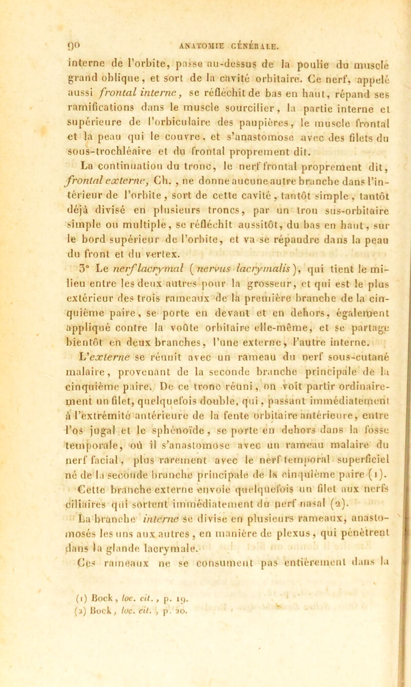 <)° ANATOMIE GÉNÉRALE. interne de l’orbite, passe au-dessus de la poulie du muscle grand oblique, et sort de la cavité orbitaire. Ce nerf, appelé aussi frontal interne, se réfléchit de bas en haut, répand ses ramifications dans le muscle sourcilier, la partie interne cl supérieure de Porbiculaire des paupières, le muscle frontal et la peau qui le couvre, et s’anastomose avec des filets du sous-trochléaire et du frontal proprement dit. La continuation du tronc, le nerf frontal proprement dit, frontal externe, Ch. , ne donne aucuneautre branche dans l’in- térieur de l’orbite, sort de cette cavité, tantôt simple, tantôt déjà divisé en plusieurs troncs, par un trou sus-orbitaire simple ou multiple, se réfléchit aussitôt, du bas en haut, sur le bord supérieur de l’orbite, et va se répandre dans la peau du front et du vertex. 3° L e nerf lacrymal {nervus lacrymalis), qui tient le mi- lieu entre les deux autres pour la grosseur, et qui est le plus extérieur des trois rameaux de la première branche de la cin- quième paire, se porte en devant et en dehors, également appliqué contre la voûte orbitaire elle-même, et se partage bientôt en deux branches, l’une externe, l’autre interne. L'externe se réunit avec un rameau du nerf sous-cutané malaire, provenant de la seconde branche principale de la cinquième paire. De ce tronc réuni, on voit partir ordinaire- ment un filet, quelquefois double, qui, passant immédiatement à l’extrémité antérieure de la fente orbitaire antérieure, entre l’os jugal et le sphénoïde, se porte en dehors dans la fosse temporale, où il s’anastomose avec un rameau malaire du nerf facial , plus rarement avec le nerf temporal superficiel né de la seconde branche principale de 1s cinquième paire (i). Cette branche externe envoie quelquefois un filet aux nerfs ciliaires qui sortent immédiatement du nerf nasal (n). La branche interne se divise en plusieurs rameaux, anasto- mosés les uns aux autres, en manière de plexus, qui pénètrent dans la glande lacrymale. Ces rameaux ne se consument pas entièrement dans la , % (i) Bock, toc. cil., p. it).