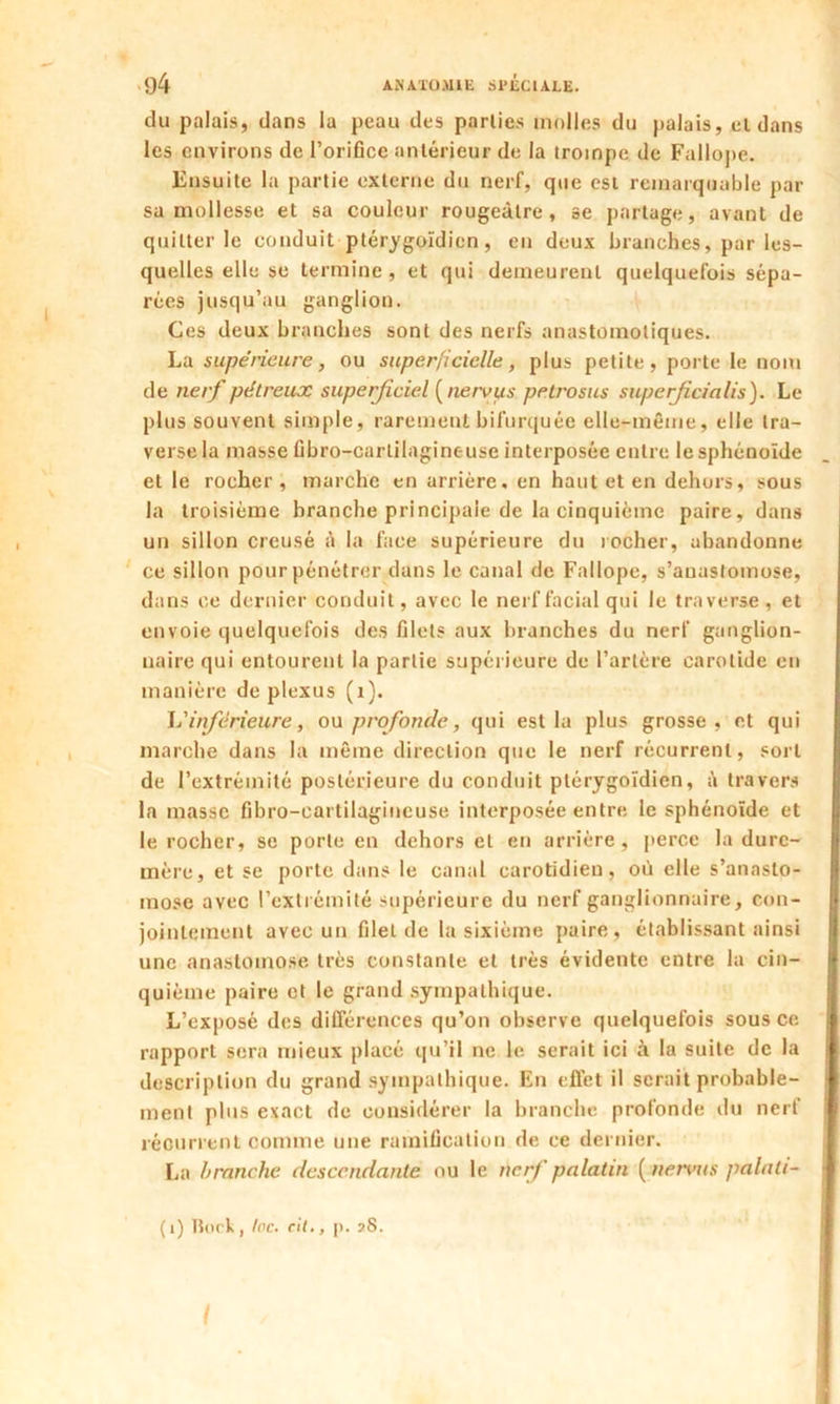 du palais, dans la peau des parties molles du palais, et dans les environs de l’orifice antérieur de la trompe de Fallope. Ensuite la partie externe du nerf, que est remarquable par sa mollesse et sa couleur rougeâtre, se partage, avant de quitter le conduit ptérygoïdicn , en deux branches, par les- quelles elle se termine, et qui demeurent quelquefois sépa- rées jusqu’au ganglion. Ces deux branches sont des nerfs anastomotiques. La supérieure, ou superficielle, plus petite, porte le nom de nerf pétreux superficiel ( nervus petrosus superficiel lis). Le plus souvent simple, rarement bifurquée elle-même, elle tra- verse la masse fibro-carlilagineuse interposée entre le sphénoïde et le rocher , marche en arriére, en haut et en dehors, sous la troisième branche principale de la cinquième paire, dans un sillon creusé à la face supérieure du rocher, abandonne ce sillon pour pénétrer dans le canal de Fallope, s’anastomose, dans ce dernier conduit, avec le nerf facial qui le traverse, et envoie quelquefois des filets aux branches du nerf ganglion- naire qui entourent la partie supérieure de l’artère carotide en manière de plexus (1). L'inférieure, ou profonde , qui est la plus grosse , et qui marche dans la même direction que le nerf récurrent, sort de l’extrémité postérieure du conduit ptérygoldien, à travers la masse fibro-cartilagineuse interposée entre le sphénoïde et le rocher, se porte en dehors et en arrière, perce la dure- mère, et se porte dans le canal carotidien, où elle s’anasto- mose avec l’extrémité supérieure du nerf ganglionnaire, con- jointement avec un filet de la sixième paire, établissant ainsi une anastomose très constante et très évidente entre la cin- quième paire et le grand sympathique. L’exposé des différences qu’on observ e quelquefois sous ce rapport sera mieux placé qu’il ne le serait ici à la suite de la description du grand sympathique. En cflet il serait probable- ment plus exact de considérer la branche profonde du nerf récurrent comme une ramification de ce dernier. La branche descendante ou le nerf palatin ( nervus palati-