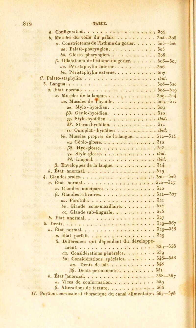 a. Configuration , 3o4 b. Muscles du voile du palais 3o5—5o8 a. Constricteurs de l’isthrue du gosier 3o5—3o6 aa. Palato-pharyngien 5o5 bb. Glosso-pharyngien 3o6 p. Dilatateurs de l’isthme du gosier 3o6—307 aa. Péristaphylin interne 5o6 bb. Péristaphylin externe 307 C. Palato-staphylin ibid. 3. Langue 3o8—3ao a. État normal 3o8—3ig a. Muscles de la langue 3og—3i4 aa. Muscles de Thyoïde 309—3ia aa. Mylo - hyoïdien 309 pp. Génio-hyoïdien. . . , 310 yy. Stylo-hyoïdien ibid. SS. Sterno-hyoïdien 3n te. Omoplat - hyoïdien ibid. bb. Muscles propres de la langue 3ia—3i4 aa Génio-glosse 3n (33. Hyo-glosse 3i3 yy. Stylo-glosse ibid. SS. Lingual ibid. p. Enveloppes de la langue 3i4 b. État anormal 319 4. Glandes orales 3ao—3a8 a. État normal 3ao—3a7 a. Glandes mucipares 3ao (3. Glandes salivaires 3ai—3a7 aa. Parotide 3a 1 bb. Glande sous-maxillaire 3a4 ce, Glande sub-linguale 3a5 b. État anormal 3a7 5. Dents 3ag—567 a. État normal 3ag—358 a. État parfait 3ag |3. Différences qui dépendent du développe- ment 039—-a58 aa. Considérations générales 33g bb. Considérations spéciales 348—358 aa. Dents de lait 348 (3(3. Dents permanentes 351 b. État 'anormal 358—367 a. Vices de conformation 35g p. Altérations de texture 366 //. Portions cervicale et thoracique du canal alimentaire< R67—5y8