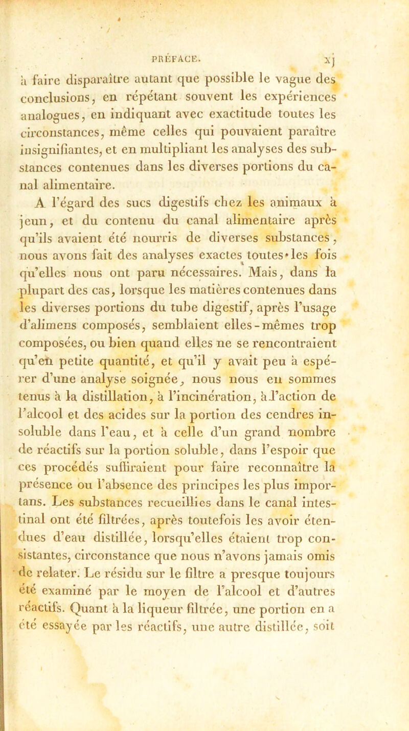 » • / PRÉFACE. xj h faire disparaître auLant que possible le vague des conclusions, en répétant souvent les expériences analogues, en indiquant avec exactitude toutes les circonstances, même celles qui pouvaient paraître insignifiantes, et en multipliant les analyses des sub- stances contenues dans les diverses portions du ca- nal alimentaire. A l’égard des sucs digestifs chez les animaux a jeun, et du contenu du canal alimentaire après qu’ils avaient été nourris de diverses substances, nous avons fait des analyses exactes toutes *les fois qu’elles nous ont paru nécessaires. Mais, dans la plupart des cas, lorsque les matières contenues dans les diverses portions du tube digestif, après l’usage d’alimens composés, semblaient elles-mêmes trop composées, ou bien quand elles ne se rencontraient qu’eu petite quantité, et qu’il y avait peu a espé- rer d’une analyse soignée, nous nous en sommes tenus à la distillation, à l’incinération, h.l’action de l’alcool et des acides sur la portion des cendres in- soluble dans l’eau, et a celle d’un grand nombre de réactifs sur la portion soluble, dans l’espoir que ces procédés suffiraient pour faire reconnaître la présence ou l’absence des principes les plus impor- lans. Les substances recueillies dans le canal intes- tinal ont été filtrées, après toutefois les avoir éten- dues d’eau distillée, lorsqu’elles étaient trop con- sistantes, circonstance que nous n’avons jamais omis de relater. Le résidu sur le filtre a presque toujours été examiné par le moyen de l’alcool et d’autres reactils. Quant a la liqueur filtrée, une portion en a été essayée parles réactifs, une autre distillée, soit