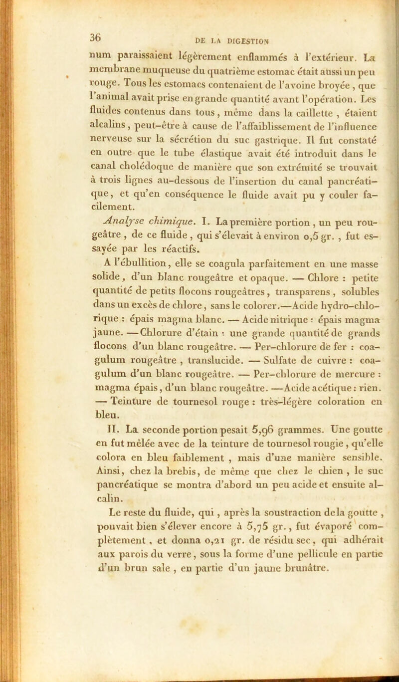 DE J.A DIGESTION num paraissaient légèrement enflammés à l’extérieur. La membrane muqueuse du quatrième estomac était aussi un peu rouge. Tous les estomacs contenaient de l’avoine broyée , que 1 animal avait prise en grande quantité avant l’opération. Les fluides contenus dans tous, même dans la caillette , étaient alcalins , peut-être à cause de l’affaiblissement de l’influence nerveuse sur la sécrétion du suc gastrique. Il fut constaté en outre que le tube élastique avait été introduit dans le canal cholédoque de manière que son extrémité se trouvait à trois lignes au-dessous de l’insertion du canal pancréati- que , et qu’en conséquence le fluide avait pu y couler fa- cilement. Analyse chimique. I. La première portion , un peu rou- geâtre , de ce fluide , qui s’élevait à environ o,5 gr. , fut es- sayée par les réactifs. A l’ébullition, elle se coagula parfaitement en une masse solide, d’un blanc rougeâtre et opaque. — Chlore : petite quantité de petits flocons rougeâtres, transparens , solubles dans un excès de chlore, sans le colorer.—Acide hydro-clilo- rique : épais magma blanc. — Acide nitrique ; épais magma jaune.—Chlorure d’étain t une grande quantité de grands flocons d’un blanc rougeâtre. — Per-chlorure de fer : coa- gulum rougeâtre , translucide. — Sulfate de cuivre : coa- gulum d’un blanc rougeâtre. — Per-chlorure de mercure : magma épais, d’un blanc rougeâtre. —Acide acétique : rien. — Teinture de tournesol rouge : très-légère coloration en bleu. II. La seconde portion pesait 5,96 grammes. Une goutte en fut mêlée avec de la teinture de tournesol rougie , qu’elle colora en bleu faiblement , mais d’une manière sensible. Ainsi, chez la brebis, de même que chez le chien , le suc pancréatique se montra d’abord un peu acide et ensuite al- calin. Le reste du fluide, qui , après la soustraction delà goutte , pouvait bien s’élever encore à 5,75 gr., fut évaporé com- plètement , et donna 0,21 gr. de résidu sec, qui adhérait aux parois du verre, sous la forme d’une pellicule en partie d’un brun sale , en partie d’un jaune brunâtre.