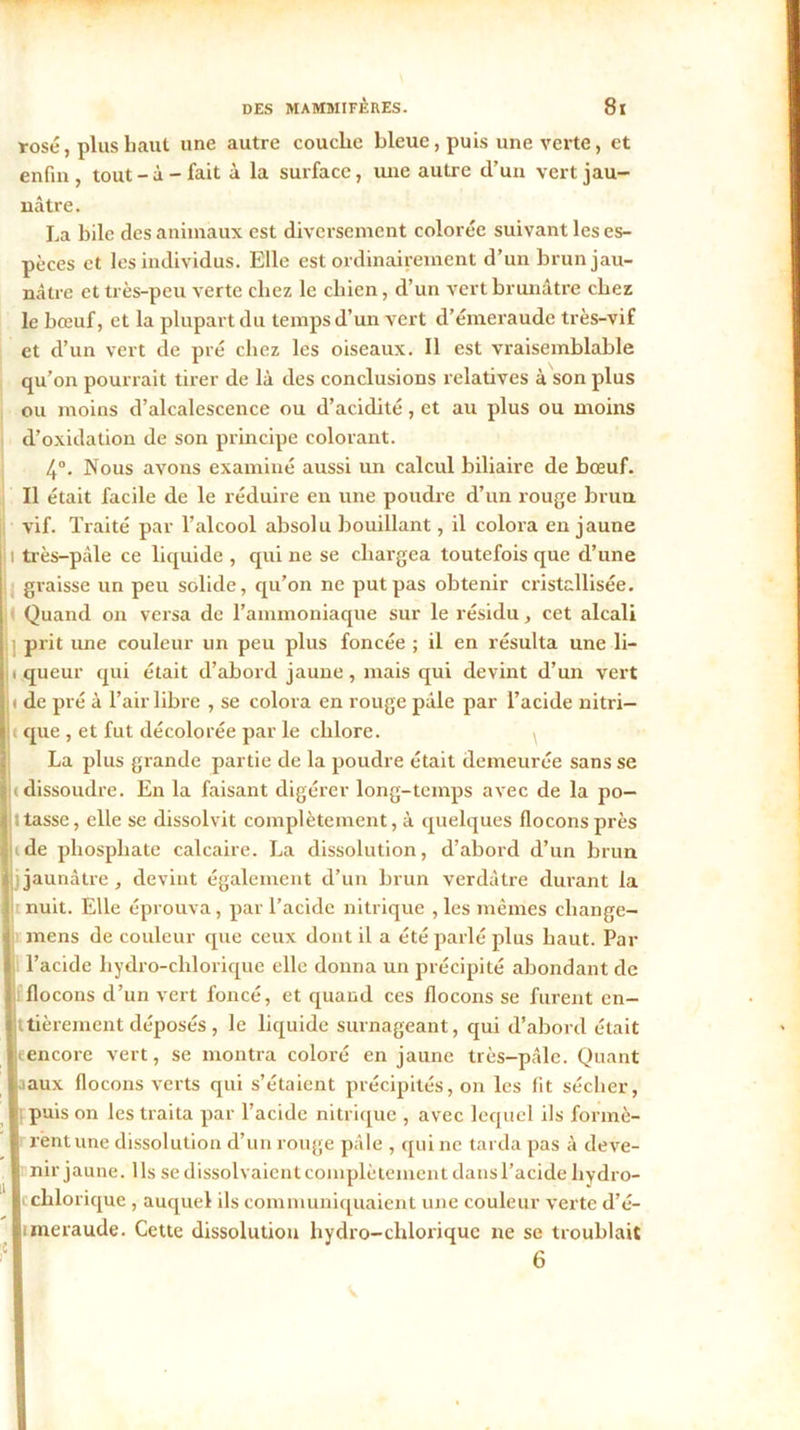 rosé, plus haut une autre couclie bleue, puis une verte, et enfin, tout-à-fait à la surface, une autre d’un vert jau- nâtre. La bile des animaux est diversement colorée suivant les es- pèces et les individus. Elle est ordinairement d’un brun jau- nâtre et très-peu verte chez le chien, d’un vert brunâtre chez le bœuf, et la plupart du temps d’un vert d’émeraude très-vif et d’un vert de pré chez les oiseaux. Il est vraisemblable qu’on pourrait tirer de là des conclusions relatives à son plus ou moins d’alcalescence ou d’acidité, et au plus ou moins d’oxidation de son principe colorant. 4°. Nous avons examiné aussi un calcul biliaire de bœuf. Il était facile de le réduire en une poudre d’un rouge brun vif. Traité par l’alcool absolu bouillant, il colora en jaune i très-pâle ce liquide , qui ne se chargea toutefois que d’une graisse un peu solide, qu’on ne put pas obtenir cristallisée. Quand on versa de l’ammoniaque sur le résidu, cet alcali prit une couleur un peu plus foncée ; il en résulta une li- i queur qui était d’abord jaune, mais qui devint d’un vert i de pré à l’air libre , se colora en rouge pâle par l’acide nitri— ( que , et fut décolorée par le chlore. La plus grande partie de la poudre était demeurée sans se I( dissoudre. En la faisant digérer long-temps avec de la po— . tasse, elle se dissolvit complètement, à quelques flocons près ide phosphate calcaire. La dissolution, d’abord d’un brun jaunâtre, devint également d’un brun verdâtre durant la nuit. Elle éprouva, par l’acide nitrique , les mêmes change- mens de couleur que ceux dont il a été parlé plus haut. Par l’acide hydro-chlorique elle donna un précipité abondant de flocons d’un vert foncé, et quand ces flocons se furent en- ittièrement déposés, le liquide surnageant, qui d’abord était encore vert, se montra coloré en jaune très-pâle. Quant aux flocons verts qui s’étaient précipités, on les fit sécher, puis on les traita par l’acide nitrique , avec lequel ils formè- rent une dissolution d’un rouge pâle , qui ne tarda pas à deve- nir jaune. 1 ls se dissolvaient complètement dans l’acide hydro- chlorique , auquel ils communiquaient une couleur verte d’é- meraude. Cette dissolution liydro-chloriquc ne se troublait 6