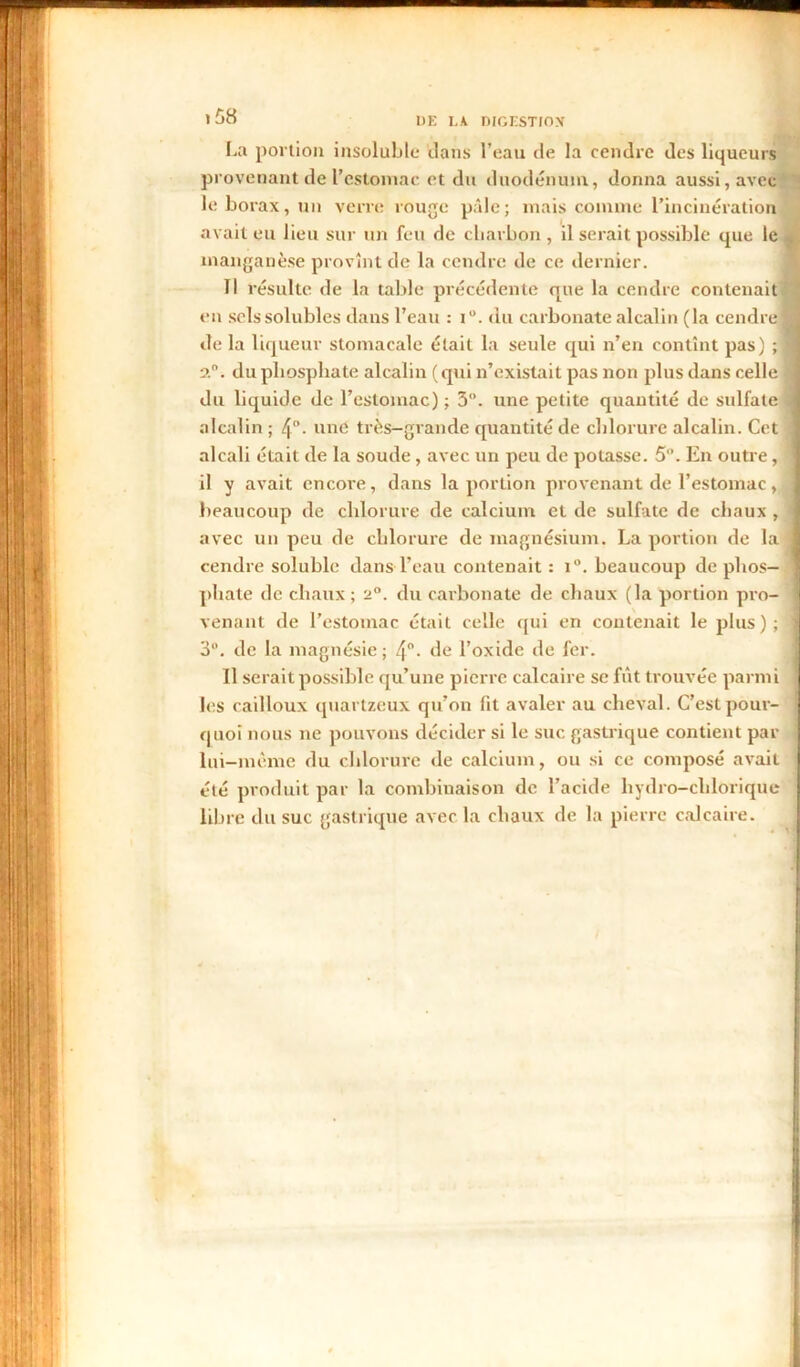 >58 La portion insoluble dans l’eau de la cendre des liqueurs provenant de l’estomac et du duodénum, donna aussi, avec le borax, un verre rouge pâle; mais comme l’incinération avait eu lieu sur un feu de charbon, il serait possible que le I manganèse provînt de la cendre de ce dernier. 11 résulte de la table précédente que la cendre contenait, en sels solubles dans l’eau : i°. du carbonate alcalin (la cendre® de la liqueur stomacale était la seule qui n’en contînt pas) ; 1 du phosphate alcalin ( qui n’existait pas non plus dans celle j du liquide de l’estomac); 3°. une petite quantité de sulfate J alcalin ; 4°- uné très-grande quantité de chlorure alcalin. Cet I alcali était de la soude, avec un peu de potasse. 5. En outre, 1 il y avait encore, dans la portion provenant de l’estomac, j beaucoup de chlorure de calcium et de sulfate de chaux , j avec un peu de chlorure de magnésium. La portion de la I cendre soluble dans l’eau contenait : i°. beaucoup de plios— 1 phate de chaux; 2°. du carbonate de chaux (la portion pro- 1 venant de l’estomac était celle qui en contenait le plus);® 3°. de la magnésie; 4°- de l’oxide de fer. Il serait possible qu’une pierre calcaire se fût trouvée parmi 1 les cailloux quartzeux qu’on fit avaler au cheval. C’est pour- quoi nous ne pouvons décider si le suc gastrique contient par ] lui-mème du chlorure de calcium, ou si ce composé avait été produit par la combinaison de l’acide liydro-chlorique libre du suc gastrique avec la chaux de la pierre calcaire.