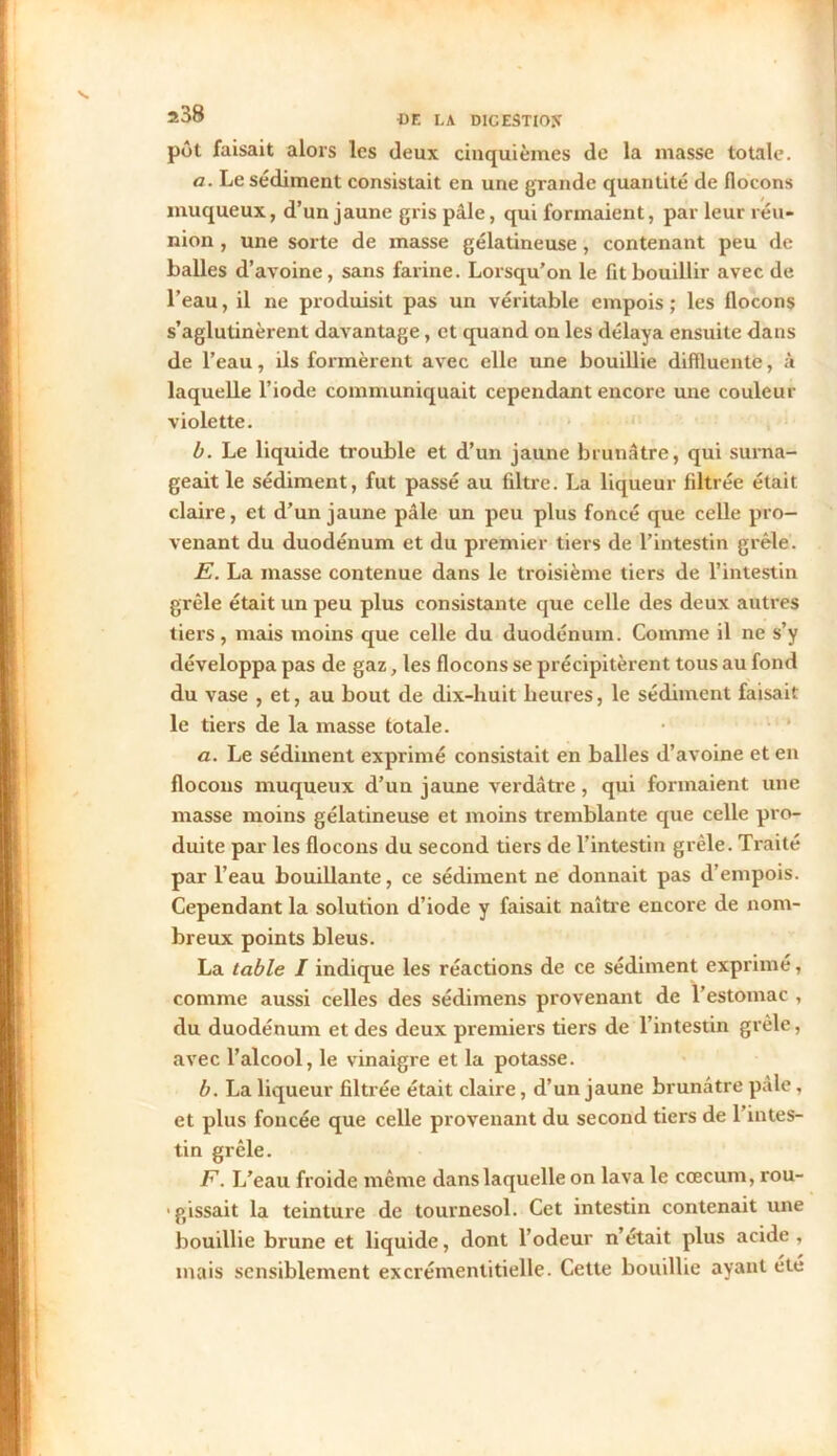 pût faisait alors les deux cinquièmes de la masse totale. a. Le sédiment consistait en une grande quantité de flocons muqueux, d’un jaune gris pâle, qui formaient, par leur réu- nion , une sorte de masse gélatineuse, contenant peu de balles d’avoine, sans farine. Lorsqu’on le fit bouillir avec de l’eau, il ne produisit pas un véritable empois; les flocons s’aglutinèrent davantage, et quand on les délaya ensuite dans de l’eau, ils formèrent avec elle une bouillie diffluente, à laquelle l’iode communiquait cependant encore une couleur violette. b. Le liquide trouble et d’un jaune brunâtre, qui surna- geait le sédiment, fut passé au filtre. La liqueur filtrée était claire, et d’un jaune pâle un peu plus foncé que celle pro- venant du duodénum et du premier tiers de l’intestin grêle. E. La masse contenue dans le troisième tiers de l’intestin grêle était un peu plus consistante que celle des deux autres tiers, mais moins que celle du duodénum. Comme il ne s’y développa pas de gaz, les flocons se précipitèrent tous au fond du vase , et, au bout de dix-huit heures, le sédiment faisait le tiers de la masse totale. a. Le sédiment exprimé consistait en balles d’avoine et en flocons muqueux d’un jaune verdâtre, qui formaient une masse moins gélatineuse et moins tremblante que celle pro- duite par les flocons du second tiers de l’intestin grêle. Traité par l’eau bouillante, ce sédiment ne donnait pas d’empois. Cependant la solution d’iode y faisait naître encore de nom- breux points bleus. La table I indique les réactions de ce sédiment exprimé, comme aussi celles des sédimens provenant de l’estomac , du duodénum et des deux premiers tiers de l’intestin grêle, avec l’alcool, le vinaigre et la potasse. b. La liqueur filtrée était claire, d’un jaune brunâtre pâle, et plus foncée que celle provenant du second tiers de 1 intes- tin grêle. F. L’eau froide même dans laquelle on lava le cæcum, rou- ■gissait la teinture de tournesol. Cet intestin contenait une bouillie brune et liquide, dont l’odeur n’était plus acide , mais sensiblement excrémentitielle. Cette bouillie ayant été