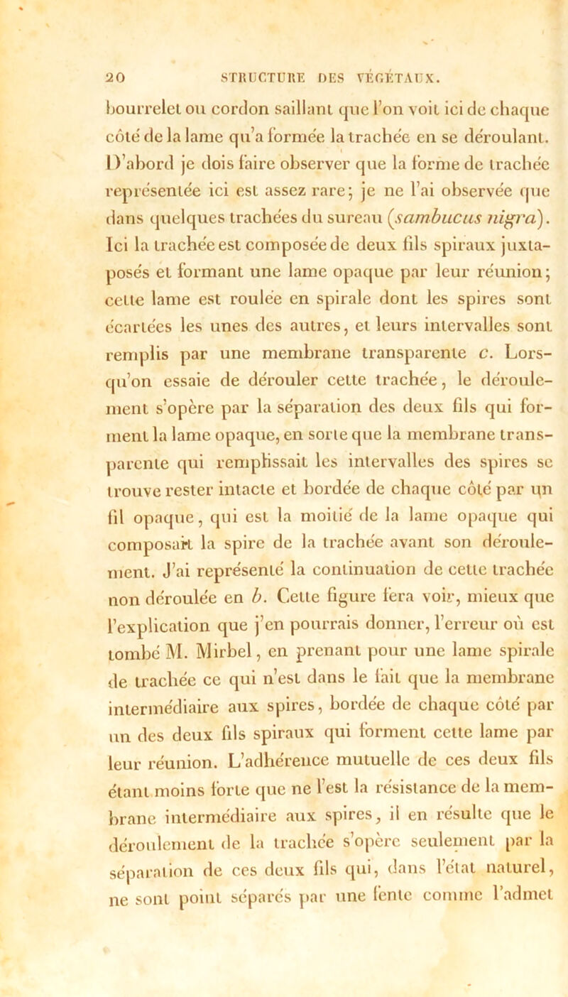 bourrelet ou cordon saillant que l’on voit ici de chaque côte de la lame qu’a formée la trachée en se déroulant. D’abord je dois faire observer que la forme de trachée représentée ici est assez rare; je ne l’ai observée que dans quelques trachées du sureau (sarnbucus nigra). Ici la trachée est composée de deux fils spiraux juxta- posés et formant une lame opaque par leur réunion ; cette lame est roulée en spirale dont les spires sont écartées les unes des autres, et leurs intervalles sont remplis par une membrane transparente c. Lors- qu’on essaie de dérouler cette trachée, le déroule- ment s’opère par la séparation des deux fils qui for- ment la lame opaque, en sorte que la membrane trans- parente qui remptissait les intervalles des spires se trouve rester intacte et bordée de chaque côté par qn fil opaque, qui est la moitié de la lame opaque qui composait la spire de la trachée avant son déroule- ment. J’ai représenté la continuation de celle trachée non déroulée en b. Cette figure fera voir, mieux que l’explication que j’en pourrais donner, l’erreur où est tombé M. Mirbel, en prenant pour une lame spirale de trachée ce qui n’est dans le fait que la membrane intermédiaire aux spires, bordée de chaque côté par un des deux fils spiraux qui forment cette lame par leur réunion. L’adhérence mutuelle de ces deux fils étant moins forte que ne l’est la résistance de la mem- brane intermédiaire aux spires, il en résulte que le déroulement de la trachée s’opère seulement par la séparation de ces deux fils qui, dans l’état naturel, ne sont point séparés par une fente comme l’admet