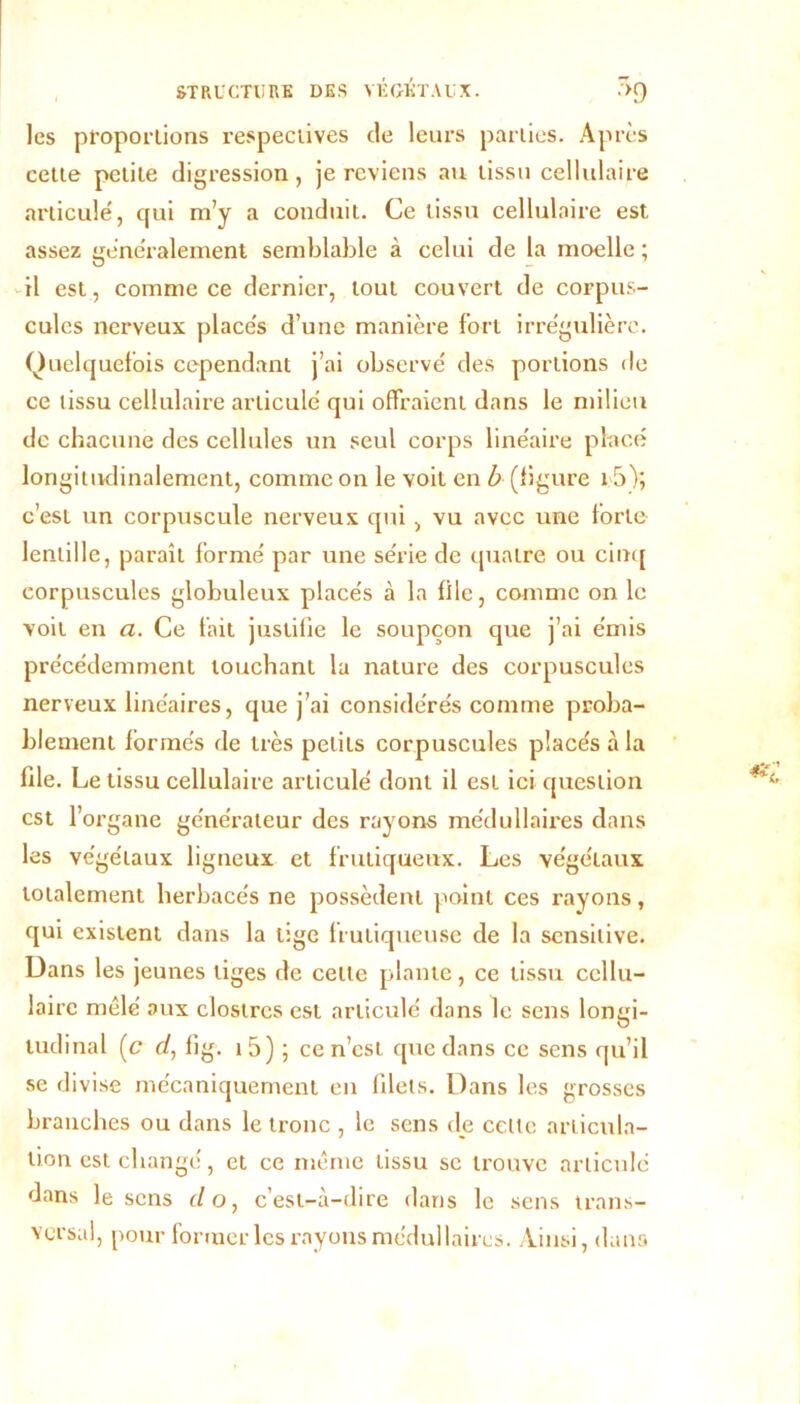 les proportions respectives de leurs parties. Après cette petite digression, je reviens au tissu cellulaire articulé, qui m’y a conduit. Ce tissu cellulaire est assez généralement semblable à celui de la moelle ; il est, comme ce dernier, tout couvert de corpus- cules nerveux placés d’une manière fort irrégulière. Quelquefois cependant j’ai observé des portions de ce tissu cellulaire articulé qui offraient dans le milieu de chacune des cellules un seul corps linéaire placé longitudinalement, comme on le voit en b (ligure r 5)*, c’est un corpuscule nerveux qui , vu avec une forte lentille, paraît formé par une série de quatre ou cinq corpuscules globuleux placés à la file, comme on le voit en a. Ce fait justifie le soupçon que j’ai émis précédemment touchant la nature des corpuscules nerveux linéaires, que j’ai considérés comme proba- blement formés de très petits corpuscules placés à la file. Le tissu cellulaire articulé dont il est ici question est l’organe générateur des rayons médullaires dans les végétaux ligneux et frutiqueux. Les végétaux totalement herbacés ne possèdent point ces rayons, qui existent dans la lige frutiqueuse de la sensitive. Dans les jeunes tiges de cette plante, ce tissu cellu- laire mêlé aux elostres est articulé dans le sens longi- tudinal (c d, lig. r5) ; ce n’est que dans ce sens qu’il se divise mécaniquement en filets. Dans les grosses branches ou dans le tronc , le sens de celte articula- tion est changé, et ce même tissu se trouve articulé dans le sens do, c’est-à-dire dans le sens trans- versal, pour former les rayons médullaires. Ainsi, dans