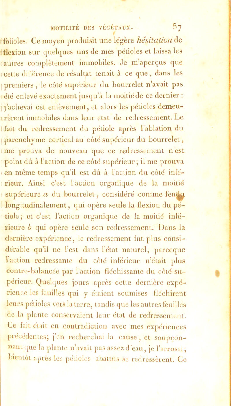 f folioles. Ce moyen produisit une légère hésitation de flexion sur quelques uns de mes pétioles et laissa les autres complètement immobiles. Je m’aperçus que icette différence de résultat tenait à ce que, dans les premiers , le côté supérieur du bourrelet n’avait pas i été enlevé exactement jusqu’à la moitié de ce dernier : j’achevai cet enlèvement, et alors les pétioles demeu- i x’èrent immobiles dans leur état de redressement. Le : fait du redressement du pétiole après l’ablation du parenchyme cortical au côté supérieur du bourrelet, me prouva de nouveau que ce redressement n’est point dû à l’action de ce côté supérieur 5 il me prouva en même temps quil est dû. à l’action du côté inté- rieur. Ainsi c’est l’action organique de la moitié supérieure# du bourrelet, considéré comme fendÿ longitudinalement, qui opère seule la flexion du pé- tiole; et c’est l’action organique de la moitié inté- rieure b qui opère seule son redressement. Dans la dernière expérience, le redressement lut plus consi- dérable qu’il ne l’est dans l’état naturel, pareeque l’action redressante du côté inférieur n’était plus contre-balancée par l’action fléchissante du côté su- périeur. Quelques jours après cette dernière expé- rience les feuilles qui y étaient soumises fléchirent leurs pétioles vers la terre, tandis que les autres feuilles de la plante conservaient leur état de redressement. Ce lait était en contradiction avec mes expériences précédentes; j’en recherchai la cause, et soupçon- nant (pic la plante n’avait pas assez d’eau, je l’arrosai; bientôt après les pétioles abattus se redressèrent. Ce