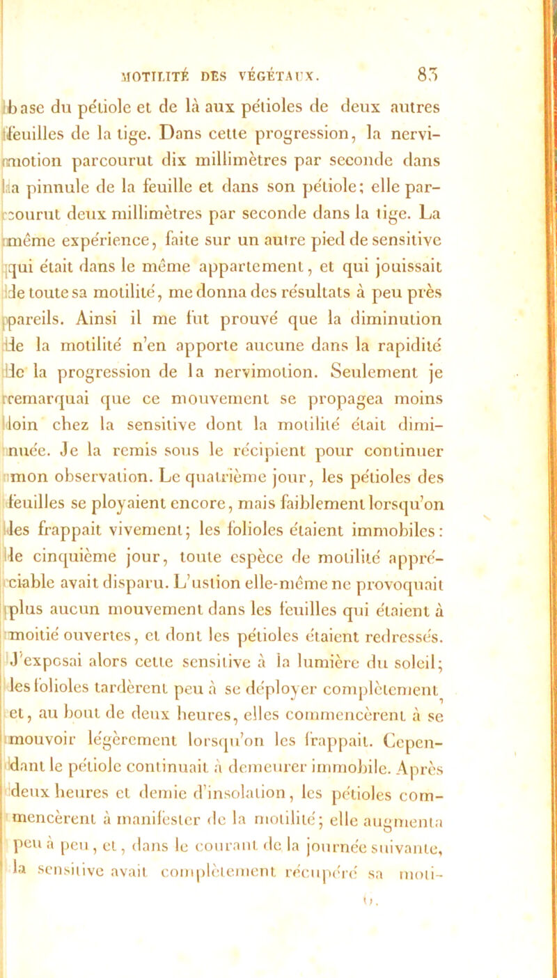 base du pétiole et de là aux pétioles de deux autres •Veuilles de la lige. Dans cette progression, la nervi- nmotion parcourut dix millimètres par seconde dans Ida pinnule de la feuille et dans son pétiole; elle par- courut deux millimètres par seconde dans la tige. La tmême expérience, faite sur un autre pied de sensitive qui était dans le même appartement, et qui jouissait de toute sa motilité, me donna des résultats à peu près ('pareils. Ainsi il me fut prouvé que la diminution lie la motilité n’en apporte aucune dans la rapidité die la progression de la nervimotion. Seulement je (remarquai que ce mouvement se propagea moins iloin chez la sensitive dont la motilité était dimi- nuée. Je la remis sous le récipient pour continuer mon observation. Le quatrième jour, les pétioles des feuilles se ployaient encore, mais faiblement lorsqu’on les frappait vivement ; les folioles étaient immobiles : le cinquième jour, toute espèce de motilité appré- ciable avait disparu. L’uslion elle-même ne provoquait plus aucun mouvement dans les feuilles qui étaient à moitié ouvertes, et dont les pétioles étaient redressés. J'exposai alors cette sensitive à la lumière du soleil; les folioles tardèrent peu à se déployer complètement et, au bout de deux heures, elles commencèrent à se mouvoir légèrement lorsqu’on les frappait. Cepen- dant le pétiole continuait à demeurer immobile. Après deux heures et demie d’insolation, les pétioles com- mencèrent à manifester de la motilité; elle augmenta 1 O peu à peu, et, dans le courant de la journée suivante, la sensitive avait complètement récupéré sa moti-