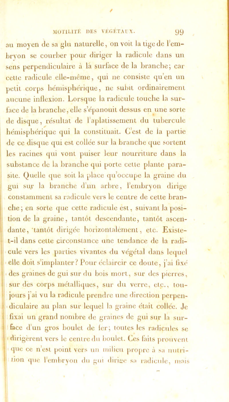 / MOTILITÉ DES VEGETAI X. 99 au moyen de sa glu naturelle, on voit la tige de l'em- bryon se courber pour diriger la radicule dans un sens perpendiculaire à la surface de la branche; car cette radicule elle-même, qui ne consiste qu’en un petit corps hémisphérique, ne subit ordinairement aucune inflexion. Lorsque la radicule louche la sur- face de la branche, elle s’épanouit dessus en une sorte de disque, résultat de 1 aplatissement du tubercule hémisphérique qui la constituait. C’est de la partie de ce disque qui est collée sur la branche que sortent les racines qui vont puiser leur nourriture dans la substance de la branche qui porte cette plante para- site. Quelle que soit la place qu’occupe la graine du gui sur la branche d’un arbre, l’embryon dirige constamment sa radicule vers le centre de cette bran- che; en sorte que celte radicule est, suivant la posi- tion de la graine, tantôt descendante, tantôt ascen- dante,'tantôt dirigée horizontalement, etc. Existe- t-il dans cette circonstance une tendance de la radi- cule vers les parties vivantes du végétal dans lequel elle doit s’implanter? Pour éclaircir ce doute, j’ai fixé . des graines de gui sur du bois mort, sur des pierres, sur des corps métalliques, sur du verre, etc., tou- jours j ai vu la radicule prendre une direction perpen- diculaire au plan sur lequel la graine était collée. Je fixai un grand nombre de graines de gui sur la sur- face d’un gros boulet de 1er; toutes les radicules se i dirigèrent vers le centre du boulet. Ces faits prouvent que ce n’est point vers un milieu propre à sa nutri- tion (pie l’embryon du gui dirige sa radicule, mais