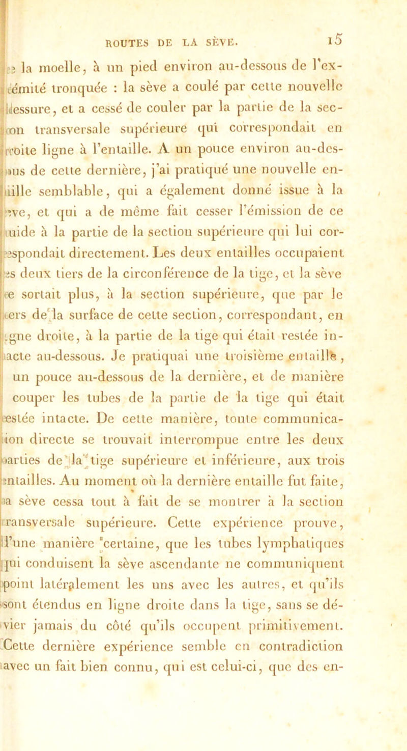 o ]a moelle, à un pied environ au-dessous de l'ex- ■c'émité tronquée : la sève a coulé par celte nouvelle Idessure, et a cessé de couler par la partie de la sec- <x>n transversale supérieure qui correspondait en iroite ligne à l’entaille. A un pouce environ au-des- jus de celle dernière, j’ai pratiqué une nouvelle cn- uille semblable, qui a également donné issue à la ’tve, et qui a de même fait cesser l’émission de ce uide à la partie de la section supérieure qui lui cor- ispondait directement. Les deux entailles occupaient ■ïs deux tiers de la circonférence de la lige, et la sève e sortait plus, à la section supérieure, que par Je ers de la surface de cette section, correspondant, en I gné droite, à la partie de la tige qui était restée in- iactc au-dessous. Je pratiquai une troisième entaillé , un pouce au-dessous de la dernière, et de manière couper les tubes de la partie de la tige qui était eslée intacte. De celte manière, toute communica- ion directe se trouvait interrompue entre les deux tardes de la tige supérieure et inférieure, aux trois allai]les. Au moment où la dernière entaille fut faite, ia sève cessa tout à fait de se montrer h la section ransversale supérieure. Celte expérience prouve, d’une manière 'certaine, que les tubes lymphatiques qui conduisent la sève ascendante ne communiquent point latéralement les uns avec les autres, et qu’ils •sont étendus en ligne droite dans la tige, sans se dé- vier jamais du côté qu’ils occupent primitivement. Cette dernière expérience semble en contradiction avec un fait bien connu, qui est celui-ci, que des en-