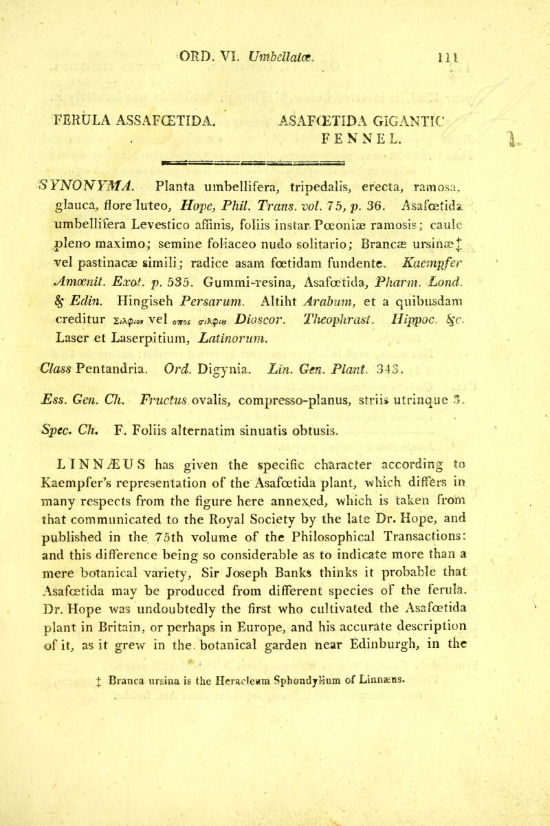 'FERULA ASSAFCETIDA. ' ASAFIETIDA GIGANTIC FENNEL. -SYNONYMA. Planta umbellifera;, tripedalis;, erecta^ ramosa, glauca, flore luteo^ Hope, Phil. Trans, vol. 75, p. 36. Asafcetida umbellifera Levestico affinisj foliis instar Pceoniae ramosis; caule pleno maximo; semine foliaceo nudo solitario; Brancse ursin£e| vel pastinacas simili; radice asam foetidam fundentc. Kaempfer Amoenit. Exot. p. 535. Gummi-resina;, Asafoetida^ Pharm. Lond. ^ Edin. Hingiseh Persarum. Altiht Arabiim, et a quibusdam creditur 'Lixtpm vel oms a-tKptn Dioscor. Theophrast. Hlppoc. Laser et Laserpitium, Latinorum. Class Pentandria. Ord. Digynia. Lin. Gen. Plant. 343. Ess. Gen. Ch. Friwtus ovalis, compresso-planus^ striis utrinque 3. Spec, Ch, F. Foliis alternatim sinuatis obtusis. L IN N iE U S has given the specific character according to Kaempfer’s representation of the Asafoetida planL which differs in many respects from the figure here annexed^ which is taken from that communicated to the Royal Society by the late Dr. Hope^ and published in the 75th volume of the Philosophical Transactions: and this difference being so considerable as to indicate more than a mere botanical variety^ Sir Joseph Banks thinks it probable that Asafeetida may be produced from different species of the ferula. Dr. Hope was undoubtedly the first who cultivated the Asafoetida plant in Britain^ or perhaps in Europe^ and his accurate description of iC as it grew in the. botanical garden near Edinburgh^ in the + Branca ursina is the IleracIeHra SphondyHum of Liimaens.