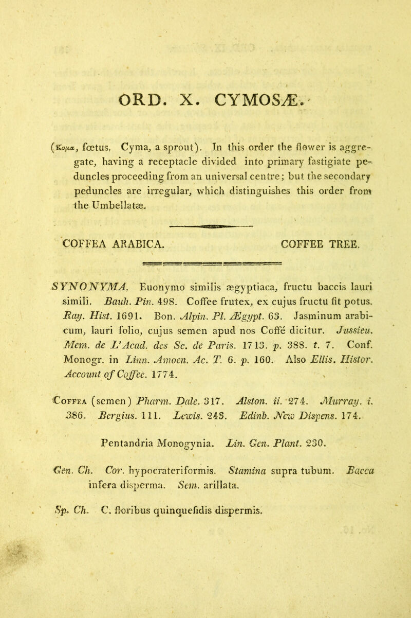 (Ky/x*, foetus. Cyma^ a sprout). In this order the flower is aggre- gate^ having a receptacle divided into primary fastigiate pe- duncles proceeding from an universal centre; but the secondary peduncles are irregular^ which distinguishes this order from the Umbellatae. COFFEA ARABICA. COFFEE TREE. SYNONYMA. Euonymo similis segyptiaca^, fructu baccis lauri simili. JBauh. Pin. 498. Coffee fruteX;, ex cujus fructu fit potus. Pat/. Hist. 1691. Bon. Alpin. FI. YEgypt. 63. Jasminum arabi- cum^ lauri folio^ cujus semen apud nos Coffe dicitur. Jussieu. Mem. de HAcad, des Sc. de Paris. 1713. p. 388. t. 7. Conf Monogr. in Linn. Amoen. Ac. T. 6. p. 160. Also Ellis. Histor. Account of Coffee. 1774:. CoFFEA (semen) Pharm. Dale. 317. Alston, ii. 274. Murray, i. 3S6. Bergius. 111. Lewis. 243. Edinl). JYeiv Dispens. 174. Pentandria Monogynia. Lin. Gen. Plant. 230. Gen. Ch. Cor. hypocrateriformis. Stamina supra tubum. Bacca infera disperma. Sem. arillata. Sp. Ch. C. floribus qiiinquefidis dispermis.