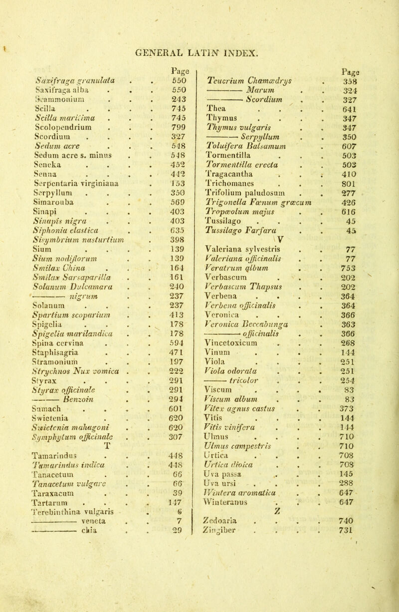 Page Page Saxifraga granulata . 550 Teucrium Chamcedrys 358 Saxifraga alba 550 Marum 324 Seammo ilium 243 Scordium 327 ScilJa 7 45 Thea 641 Scilla mariiima 745 Thymus 347 Scolopendrium 799 Thymus vulgaris 347 Scordium 32 7 Serpyllum 350 Sedum acre 548 Toluifera Balsamum 607 Sedum acre s. minus 548 Tormentilla 503 Seneka 4 52 Tormentilla erecta 503 Senna 442 Tragacantha 410 Serpentaria virginiana 153 Trichomanes 801 Serpyllum 350 Trifolium paludosum 277 Simarouba 569 Trigonella Fcenum grcecum 426 Sinapi 403 Tropceolum majus 616 Sin apis nigra 403 Tussilago 45 Siphonia elastica 635 Tussilago Far jar a 45 Sisym brium nasturtium 398 w Sium 139 Valeriana sylvestris 77 Siam nodijlorum 139 Valeriana officinalis 77 S mil ax China 164 Veratrum album 753 Smilax Sarsaparilla 161 Verbascum 202 Solanum Dulcamara 240 Verbascum Thapsus 202 nigrum 237 Verbena . . . 364 Solanum 237 Verbena officinalis 364 Spartium scoparium 413 Veronica 366 Spigelia 178 Veronica Beccabunga 363 Spigelia marilandica 178 ■— officinalis 366 Spina ccrvina 594 Vincetoxicum 268 Staphisagria 471 Vinum 144 Stramonium 197 Viola 251 Strychnos Nux vomica . 222 Viola odorata 251 Styrax 291 tricolor 254 Sty rax officinale 291 Viscum . 83 Benzoin 294 Vis cum album 83 Sumach 601 Vitex agnus castus 373 Swietenia 620 Vitis 144 Swietenia mahagoni 620 Vit is vinifera 144 Symphytum officinale 307 Ulmus 710 T Ulrnus campestris 710 Tamarindus 448 Urtica 708 Tamarindus indica 448 Urtica dioica 708 Tanacetum 66 Uva passa 145 Tanacetum vulgare 66 Uva ursi 288 Taraxacum 39 Wild era aromatic a 647 Tartar urn 147 Wmteranus 647 Terebinthina vulgaris 6 Z veneta 7 Zedoaria 740 — — ckia • 29 Zingiber 731 /