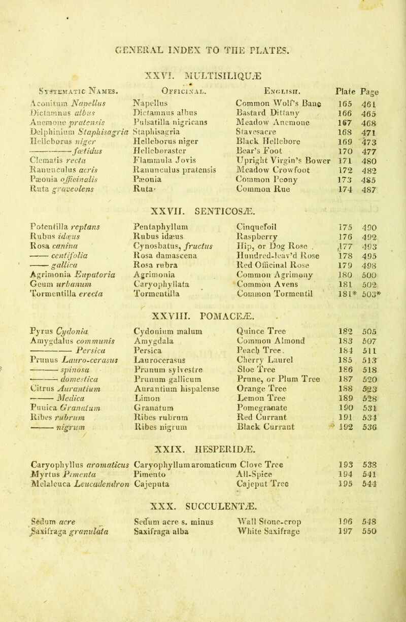 XXYI. MULTISILIQUiE Systematic Names. Officinal. English. Plate Page A coni turn Ndpellus Napellus Common Wolf’s Bane 165 461 Dicfamnus albus Dictamnus albus Bastard Dittany- 166 465 Anemone pratemis Pulsatilla nigricans Meadow Anemone 167 468 Delphiiuum Siaphisagria Stapliisagria Stavesacre 168 471 Helleborus niger Helleborus niger Black Hellebore 169 473 fcetidus Plelleboraster Bear’s Foot 170 477 Clematis recta Flammula Jovis Upright Virgin’s Bower 171 480 Ranunculus acris Ranunculus pratensis Meadow Crowfoot 172 482 Paeonia officinalis Pieonia Common Peony 173 485 Ruta graveolens Ruta* Common Rue 174 487 NXVIL SENTICOSiE. Potentilla reptans Pentaphyllum Cinquefoil 175 490 Rubus idceus Rubus idaeus Raspberry 176 492 Rosa canina Cynosbatus, fructus Hip, or Dog Rose . ,177 493 ■ centifolia Rosa damascena Hundred-leav’d Rose 178 495 —— gallica Rosa rubra Red Officinal Rose 179 498 Agrimonia Eupatoria Agrimonia Common Agrimony 180 500 Geum urbanum Caryophyllata Common Avens 181 502 TormentiJla erecta Tormentilla Common Tormentil 18L* 503* XXYIII. POMACES, Pyrus Cydonia Cydonium malum Quince Tree 182 505 Amygdalus communis Amygdala Common Almond 183 507 Persica Persica Peacl? Tree. 184 511 Prunus Lauro-cerasus Laurocerasus Cherry Laurel 185 513 - spinosa Prunum sylvestre Sloe Tree 186 518 * — dome slic a Prunum gallicum Prune, or Plum Tree 187 520 Citrus Aurantium Aurantium hispalense Orange Tree 188 523 - Mediica Limon Lemon Tree 189 528 Puuica Granatum Granatum Pomegranate 190 531 Ribes rubrum Ribes rubrum Red Currant 191 534 —-— nigrum Ribes nigrum Black Currant ^ 192 536 XXIX. IIESPERXDiE. Caryophyllus aromaticus Caryophyllumaromaticum Clove Tree 193 538 Myrtus Pimenta Pimento All-Spice 194 541 Melaleuca Leucadendron Cajeputa Cajeput Tree 195 544 XXX. SUCCULENTS. Scdum acre Sedum acre s. minus Wall Stone-crop 196 548 jsaxifraga granulata Saxifraga alba White Saxifrage 197 550