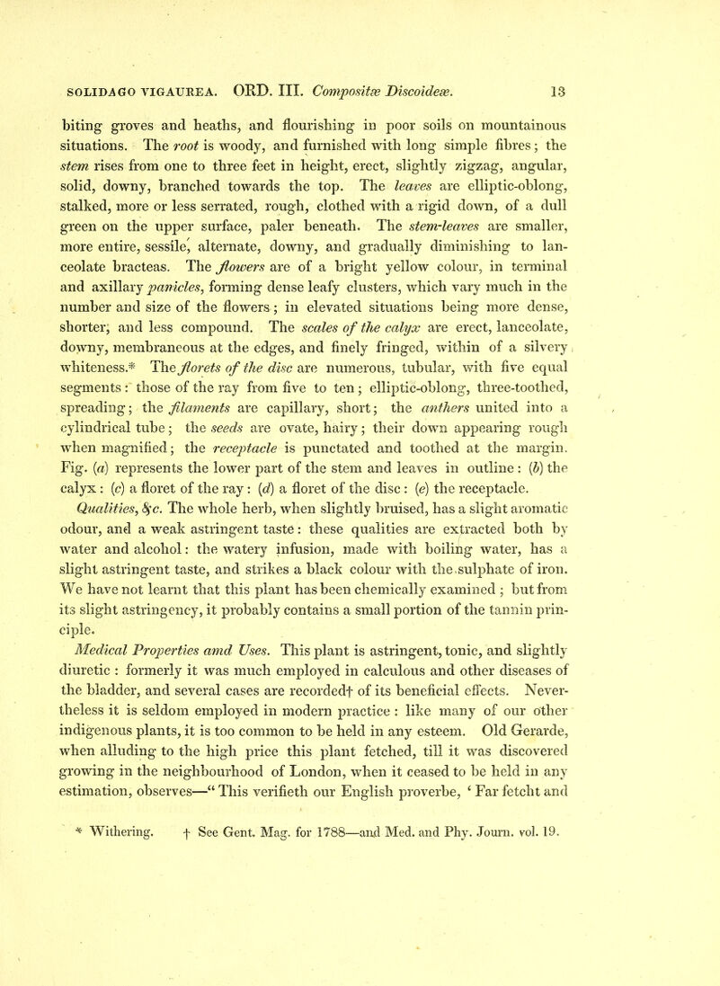 biting groves and heaths, and flourishing in poor soils on mountainous situations. The root is woody, and furnished with long simple fibres ; the stem rises from one to three feet in height, erect, slightly zigzag, angular, solid, downy, branched towards the top. The leaves are elliptic-oblong, stalked, more or less serrated, rough, clothed with a rigid down, of a dull green on the upper surface, paler beneath. The stem-leaves are smaller, more entire, sessile, alternate, downy, and gradually diminishing to lan- ceolate bracteas. The flowers are of a bright yellow colour, in terminal and axillary panicles, forming dense leafy clusters, which vary much in the number and size of the flowers; in elevated situations being more dense, shorter, and less compound. The scales of the calyx are erect, lanceolate, downy, membraneous at the edges, and finely fringed, within of a silvery whiteness.* The florets of the disc are numerous, tubular, with five equal segments: those of the ray from five to ten; elliptic-oblong, three-toothed, spreading; the filaments are capillary, short; the anthers united into a cylindrical tube; the seeds are ovate, hairy; their down appearing rough when magnified; the receptacle is punctated and toothed at the margin. Fig. {a) represents the lower part of the stem and leaves in outline : (b) the calyx : (c) a floret of the ray: (d) a floret of the disc : (e) the receptacle. Qualities, $c. The whole herb, when slightly bruised, has a slight aromatic odour, and a weak astringent taste: these qualities are extracted both by water and alcohol: the watery infusion, made with boiling water, has a slight astringent taste, and strikes a black colour with the .sulphate of iron. We have not learnt that this plant has been chemically examined ; but from its slight astringency, it probably contains a small portion of the tannin prin- ciple. Medical Properties amd Uses. This plant is astringent, tonic, and slightly diuretic : formerly it was much employed in calculous and other diseases of the bladder, and several cases are recordedf of its beneficial effects. Never- theless it is seldom employed in modern practice : like many of our other indigenous plants, it is too common to be held in any esteem. Old Gerarde, when alluding to the high price this plant fetched, till it was discovered growing in the neighbourhood of London, when it ceased to be held in any estimation, observes—“ This verifieth our English proverbe, 4 Far fetcht and * Withering. f See Gent. Mag. for 1788—and Med. and Phy. Journ. vol. 19.