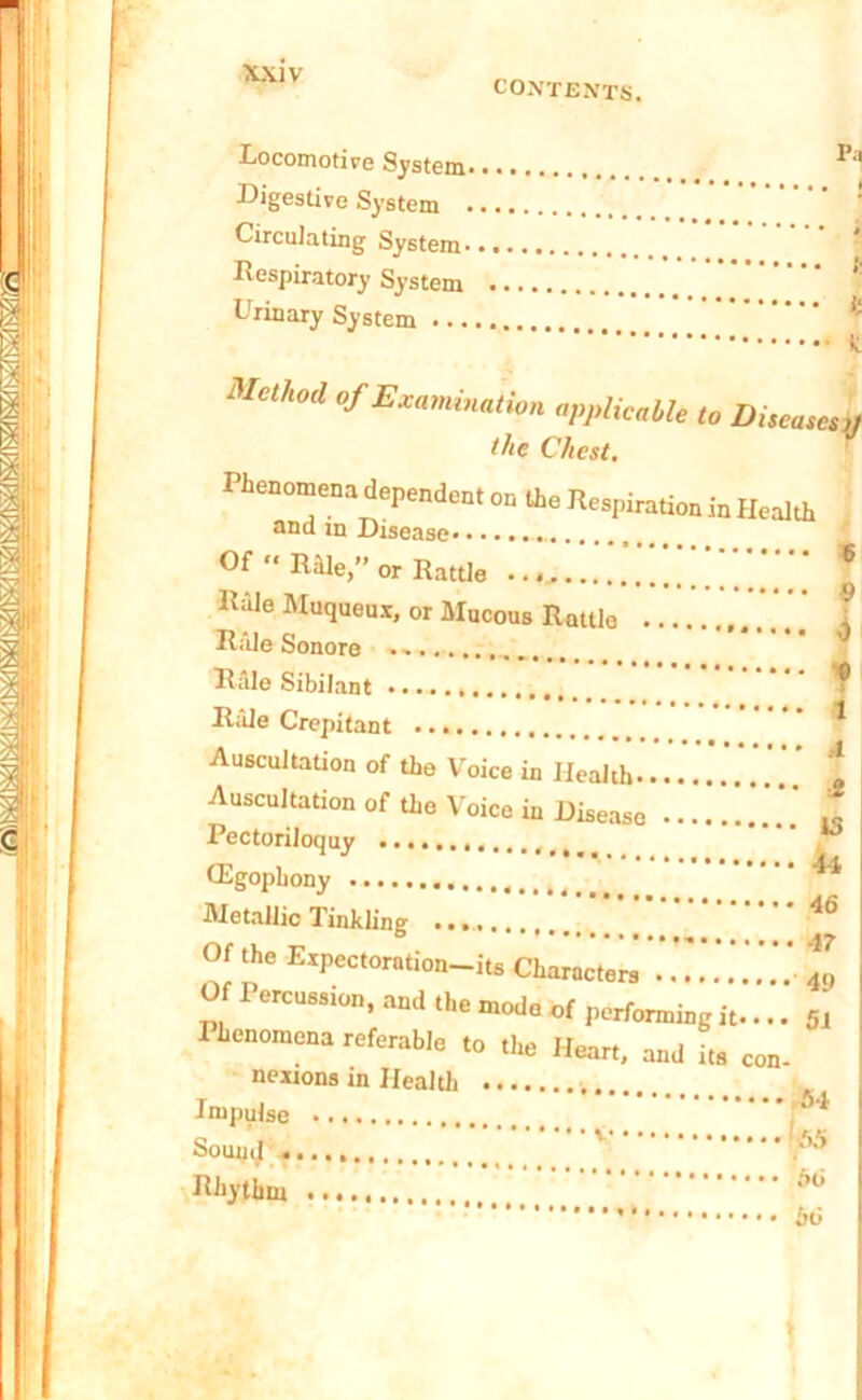 CONTEXTS. Locomotive System P; Digestive System Circulating System Respiratory System Urinary System Mcthod °f Examination applicable to Diseases the Chest. Phenomena dependent on the Respiration in Health and in Disease* • • • • • «....... Of “ Rale,” or Rattle .. ^ Rale Muqueux, or Mucous Rattle Rale Sonore .» Rale Sibilant Rale Crepitant Auscultation of the Voice in Health Auscultation of the Voice in Disease .... .. Pectoriloquy CEgophony Metallic Tinkling Of the Expectorntion-its Characters ..... Of and U. mode Ol poringk.. Phenomena referable 10 ,],e Hern, and i„ Con. nextons in Health Impulse j Soun^;. V i 9 • 1 • i • 2 15 44 46 47 49 51 Rhythm 66 tjtf