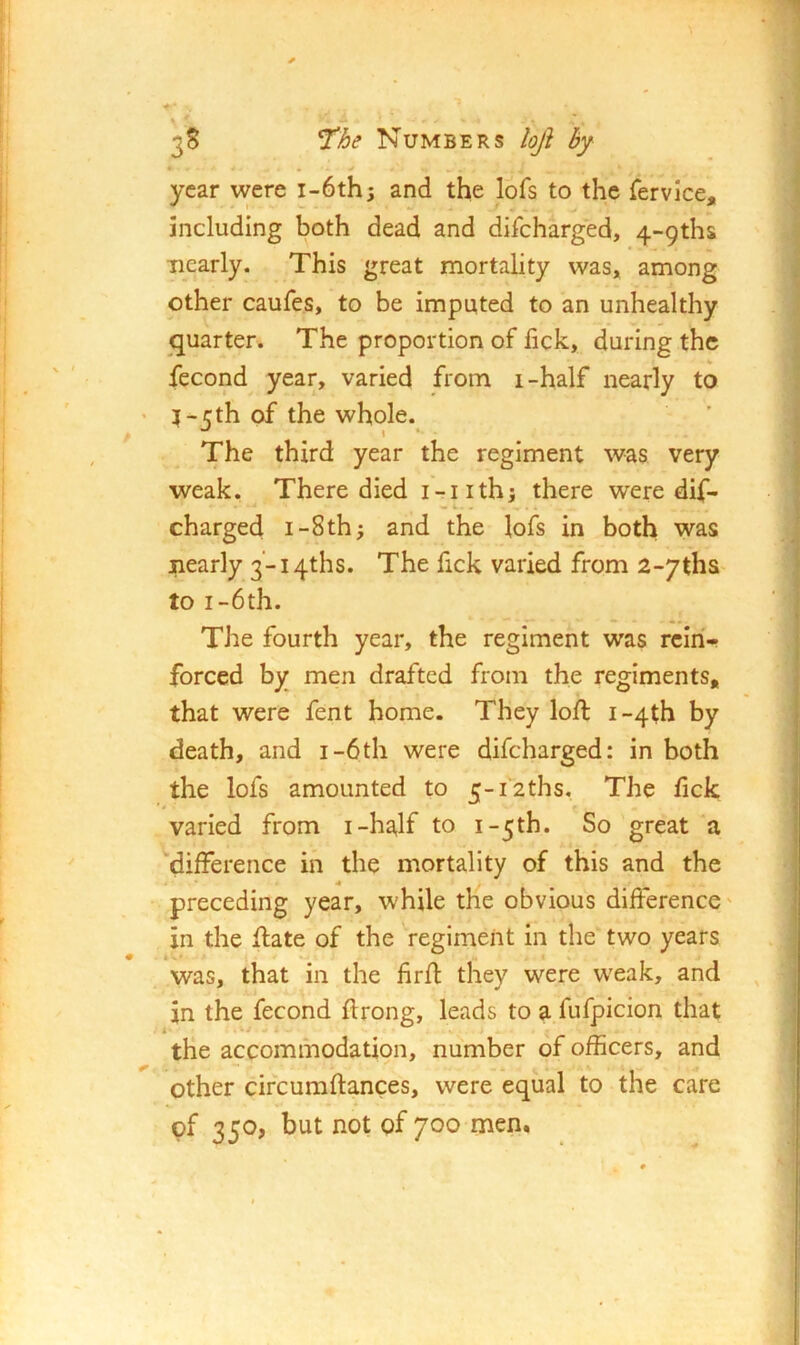 «- • year were i-6th3 and the lofs to the fervice, including both dead and difeharged, 4»9ths nearly. This great mortality was, among other caufe.s, to be imputed to an unhealthy quarter. The proportion of fick, during the fecond year, varied from i-half nearly to > I-5th of the whole. The third year the regiment was very weak. There died i-iith; there were dif- charged i-8th; and the lofs in both was nearly 3-i4ths. The fick varied from a-yths to I-6th. The fourth year, the regiment was rein- forced by men drafted from the regiments, that were fent home. They loft i-4th by death, and i-6th were difeharged: in both the lofs amounted to 5-i2ths, The fick varied from i-half to i-5th. So great a difference in the mortality of this and the « * preceding year, while the obvious difference' in the ftate of the 'regiment in the two years was, that in the hrft they were weak, and in the fecond ftrong, leads to a fufpicion that the accommodatipn, number of officers, and other circumftances, were equal to the care of 350, but not of 700 men.