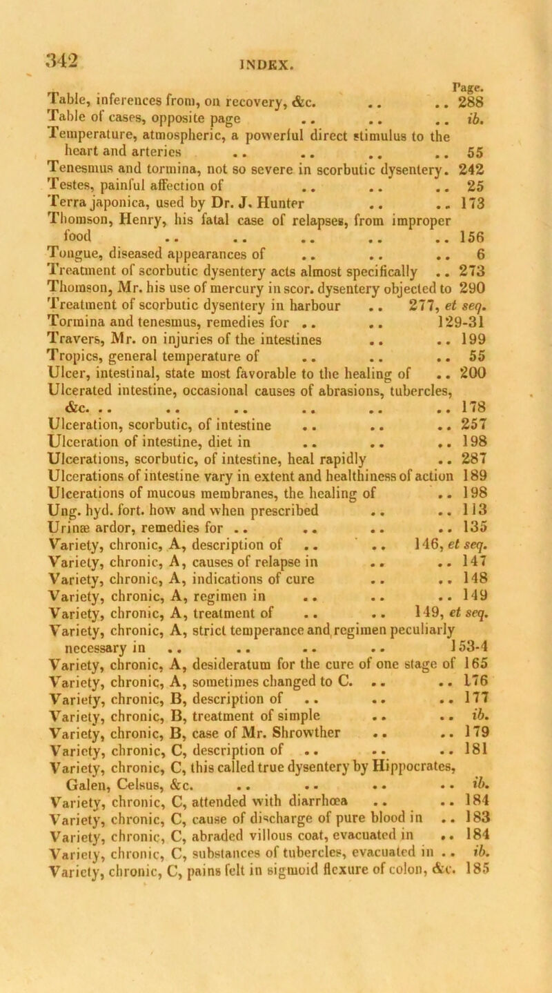 m * • Table, inferences from, on recovery, &c. .. .. 288 Table of cases, opposite page .. .. .. ib. Temperature, atmospheric, a powerful direct stimulus to the heart and arteries .. .. .. .. 55 Tenesmus and tormina, not so severe in scorbutic dysentery. 242 Testes, painful affection of .. .. .. 25 Terra japonica, used by Dr. J. Hunter .. .. 173 Thomson, Henry, his fatal case of relapses, from improper food .. .. .. .. ..156 Tongue, diseased appearances of .. .. .. 6 Treatment of scorbutic dysentery acts almost specifically .. 273 Thomson, Mr. his use of mercury in scor. dysentery objected to 290 Treatment of scorbutic dysentery in harbour .. 277, et seq. Tormina and tenesmus, remedies for .. .. 129-31 Travers, Mr. on injuries of the intestines .. .. 199 Tropics, general temperature of .. .. ..55 Ulcer, intestinal, state most favorable to the healing of .. 200 Ulcerated intestine, occasional causes of abrasions, tubercles, ^Sjc. .. .. .. .. .. .. 1 <8 Ulceration, scorbutic, of intestine .. .. .. 257 Ulceration of intestine, diet in .. .. .. 198 Ulcerations, scorbutic, of intestine, heal rapidly .. 287 Ulcerations of intestine vary in extent and healthiness of action 189 Ulcerations of mucous membranes, the healing of .. 198 Ung. hyd. fort, how and when prescribed .. ..113 Urinae ardor, remedies for .. .. .. .. 135 Variety, chronic, A, description of .. .. 146, et seq. Variety, chronic, A, causes of relapse in .. .. 147 Variety, chronic, A, indications of cure .. .. 148 Variety, chronic, A, regimen in .. .. ..149 Variety, chronic, A, treatment of .. .. 149, et seq. Variety, chronic, A, strict temperance and regimen peculiarly necessary in Variety, chron Variety, chron Variety, chron Variety, chron Variety, chron Variety, chron Variety, chron c, A, desideratum for the cure of one stage of c, A, sometimes changed to C. c, B, description of c, B, treatment of simple c, B, case of Mr. Shrowther c, C, description of c, C, this called true dysentery by Hippocrates, Galen, Celsus, &c. Variety, chronic, C, attended with diarrhoea Variety, chronic, C, cause of discharge of pure blood in Variety, chronic, C, abraded villous coat, evacuated in .. Variety, chronic, C, substances of tubercles, evacuated in .. Variety, chronic, C, pains felt in sigmoid flexure of colon, &c. 153-4 165 176 177 ib. 179 181 ib. 184 183 184 ib. 185