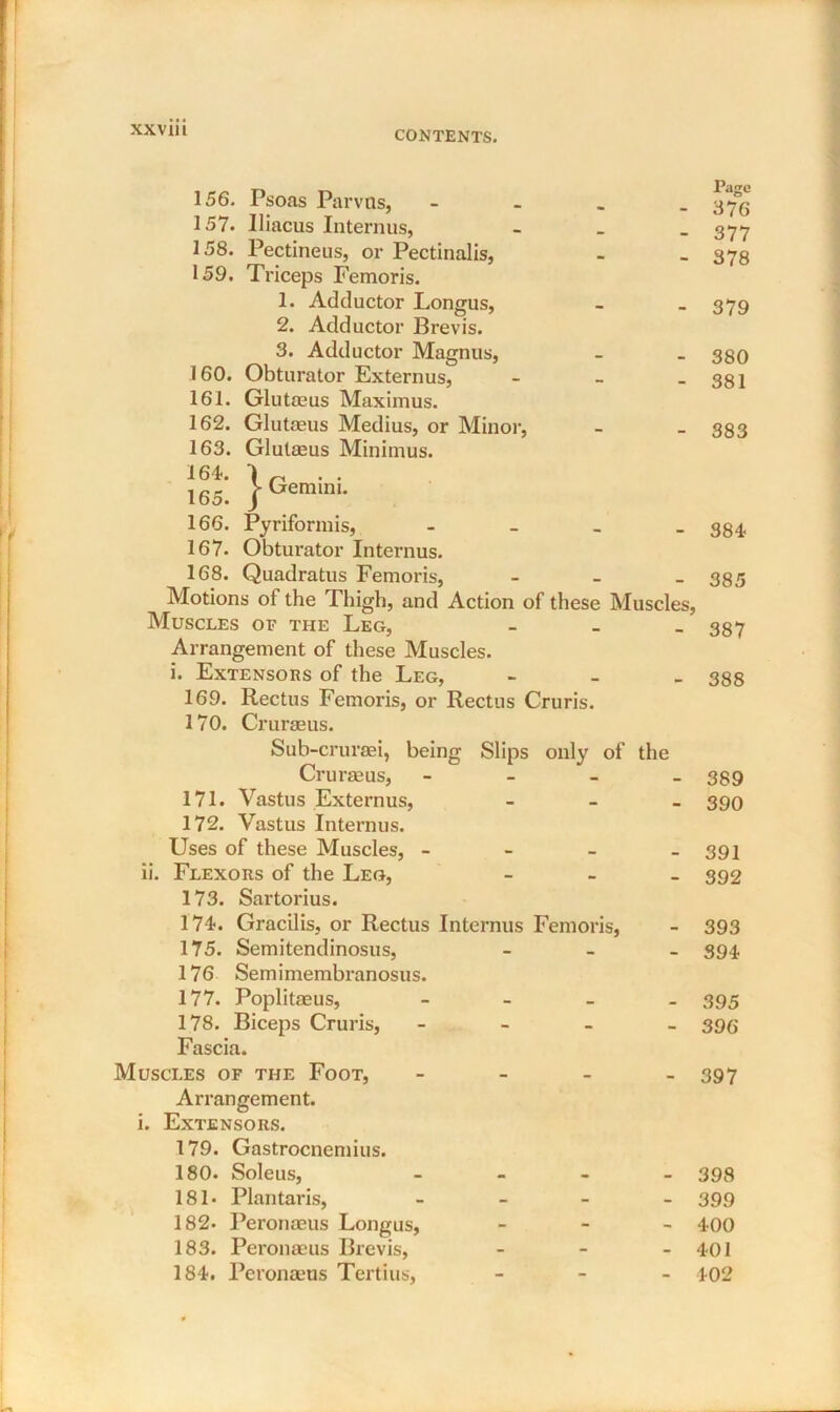 CONTENTS. 156. Psoas Parvus, - 157. Uiacus Internus, - 158. Pectineus, or Pectinalis, 159. Triceps Femoris. 1. Adductor Longus, 2. Adductor Brevis. 3. Adductor Magnus, 160. Obturator Externus, - 161. Glutaeus Maximus. 162. Glutaeus Medius, or Minor, 163. Glutaeus Minimus. 164. 1 ~ . . 165. /Gera,n'- 166. Pyriformis, - 167. Obturator Internus. 168. Quadratus Femoris, - Motions of the Thigh, and Action of these Muscles, Muscles of the Leg, Arrangement of these Muscles, i. Extensors of the Leg, - 169. Rectus Femoris, or Rectus Cruris. 170. Cruraeus. Sub-cruraei, being Slips only of the Cruraeus, - 171. Vastus Externus, - 172. Vastus Internus. Uses of these Muscles, - ii. Flexors of the Leg, - 173. Sartorius. 174. Gracilis, or Rectus Internus Femoris, 175. Semitendinosus, - 176 Semimembranosus. 177. Poplitaeus, - 178. Biceps Cruris, - Fascia. Muscles of the Foot, - Arrangement, i. Extensors. 179. Gastrocnemius. 180. Soleus, - 181* Plantaris, - 182* Peronteus Longus, - 183. Peronseus Brevis, - 184. Peronams Tertius, - Page- 376 377 378 379 380 381 383 384 385 387 388 389 390 391 392 393 394 395 396 397 398 399 400 401 402