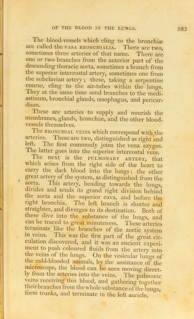 The blood-vessels which cling to the branchiae are called the vasa bronchialia. There are two, sometimes three arteries of that name. There are one or two branches from the anterior part of the descending thoracic aorta, sometimes a branch from the superior intercostal artery, sometimes one from the subclavian artery; these, taking a serpentine course, cling to the air-tubes within the lungs. They at the same time send branches to the medi- astinum, bronchial glands, oesophagus, and pericar- dium. These are arteries to supply and nourish the membranes, glands, branchiae, and the other blood- vessels themselves. The bronchial veins which correspond with the arteries. These are twro, distinguished as right *and left. Pile first commonly joins the vena azygos. The latter goes into the superior intercostal vein. The next is the pulmonary artery, that which arises from the right side of the heart to carry the dark blood into the lungs: the other great artery of the system, as distinguished from the aorta. This artery, bending towards the lungs, divides and sends its grand right division behind the aorta and the superior cava, and before the light bronchia. The left branch is shorter and straighter, and diverges to its destination. Both of these dive into the substance of the lungs, and can be traced to great minuteness. These arteries tuminate_ like the branches of the aortic system in veins. This was the first part of the great cir- culation discovered, and it wras an ancient experi- ment to push coloured fluids from the artery into the veins of the lungs. On the vesicular lungs of the cold-blooded animals, by the assistance of the microscope, the blood can be seen moving direct- ly f 1 om the aiteiies into the veins. Xhe pulmonic veins receiving this blood, and gathering together their branches from the whole substance of the lungs, fbim ti unks, and terminate in the left auricle.