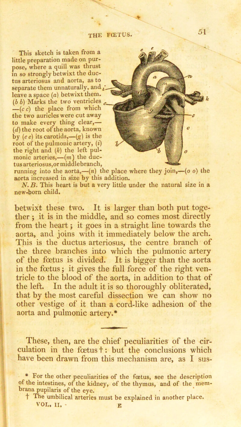 51 This sketch is taken from a little preparation made on pur- pose, where a quill was thrust in so strongly betwixt the duc- tus arteriosus and aorta, as to separate them unnaturally, and leave a space (a) betwixt them. (6 b) Marks the two ventricles —(cc) the place from which the two auricles were cut away to make every thing clear,— (d) the root of the aorta, known by {e e) its carotids,—{g) is the root of the pulmonic artery, (i) the right and {k) the left pul- monic arteries,—(m) the duc- tus arteriosus,or middlebranch, running into the aorta,—{n) the place where they join,—(o o) the aorta increased in size by this addition. N. B. This heart is but a very little under the natural size in a new-born child. betwixt these two. It is larger than both put toge- ther ; it is in the middle, and so comes most directly from the heart; it goes in a straight line towards the aorta, and joins with it immediately below the arch. This is the ductus arteriosus, the centre branch of the three branches into which the pulmonic artery of the foetus is divided. It is bigger than the aorta in the foetus; it gives the full force of the right ven- tricle to the blood of the aorta, in addition to that of the left. In the adult it is so thoroughly obliterated, j that by the most careful dissection we can show no ^ other vestige of it than a cord-like adhesion of the i aorta and pulmonic artery.* These, then, are the chief peculiarities of the cir- culation in the foetus t: but the conclusions which have been drawn from this mechanism are, as I sus- * For the other peculiarities of the foetus, see the description of the intestines, of the kidney, of the thymus, and of the mem- brana pupilaris of the eye. t The umbilical arteries must be explained in another place. VOL. II. - E