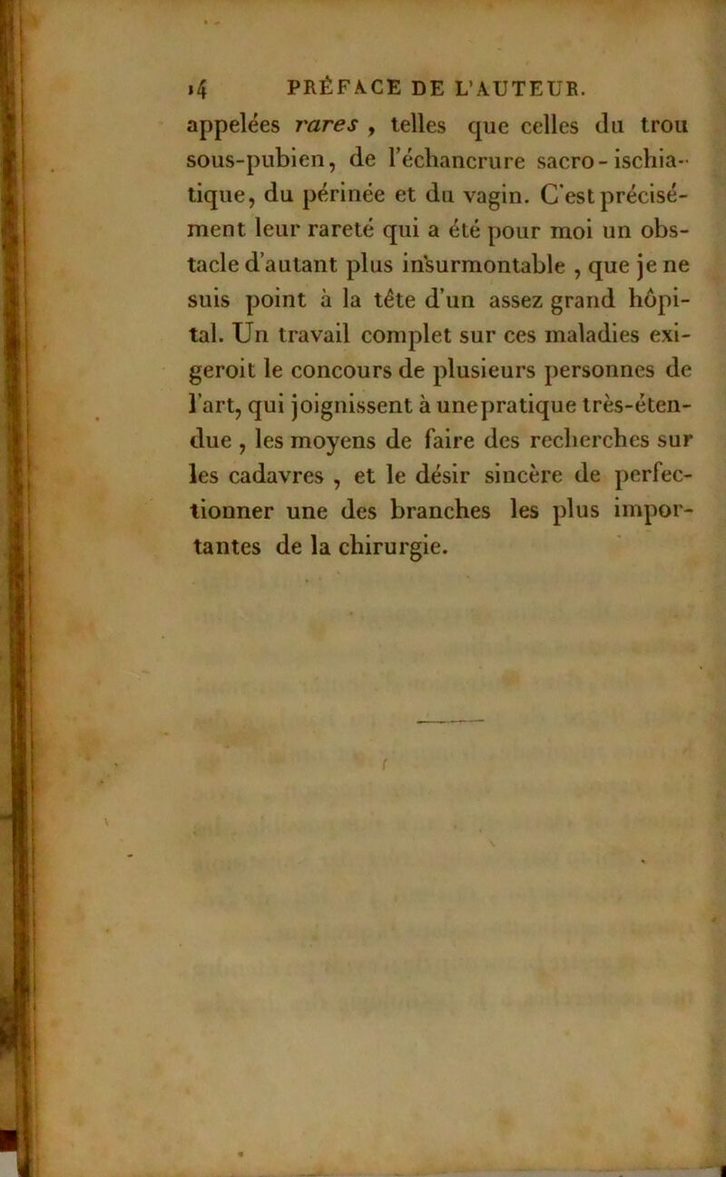 appelées rares , telles que celles du trou sous-pubien, de Téchancrure sacro-ischia- tique, du périnée et du vagin. C est précisé- ment leur rareté qui a été pour moi un obs- tacle d’autant plus insurmontable , que je ne suis point à la tête d’un assez grand hôpi- tal. Un travail complet sur ces maladies exi- geroit le concours de plusieurs personnes de l’art, qui joignissent à une pratique très-éten- due , les moyens de faire des recherches sur les cadavres , et le désir sincère de perfec- tionner une des branches les plus impor- tantes de la chirurgie.