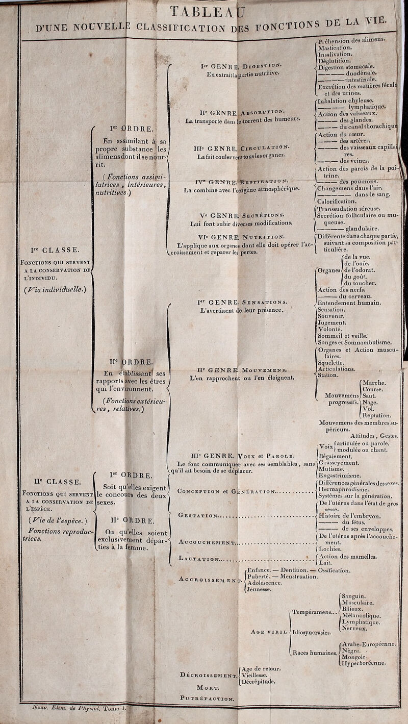 D’UNE NOUVELL tablea CLASSIFICATION D ü ES I GENRlj, En extrait la FONCTIONS de la vie. Digestion. partie nutritive. f Ier ORDRE. En assimilant à sa IIe GENRES Absorption. La transporte dans le torrent des hurneuis. ci ou propre substance 'les ! alimensdont il se nour-( rit. III0 GENRE. CIRCULATION. La fait couler vers tous les organes. IPréhension des alimens. Mastication. Insalivalion. Déglutition. Digestion stomacale. duodénale. intestinale. Excrétion des matières fécah et des urines. ! Inhalation chyleuse. lymphatique. Action des vaisseaux. des glandes. -— du canal thorachiqu< CAction du cœur. | des artères. des vaisseaux capillai ^ res. —.— des veines. ( Fonctions assimi- latrices t intérieures, nutritives.) IVe GENRE. Respibation. La combine avec l’oxigène atmosphérique. Ire CLASSE. Fonctions qui servent A LA CONSERVATION DE^ V° GENRE. Secrétions. Lui font subir diverses modifications. {Action des parois de la poi-i trine. des poumônsT' Changemens dans l’air. dans le sang. Calorification. ! Transsudation séreuse. Secrétion folliculaire ou mu- queuse. glandulaire. VI0 GENRE. Nutrition. L’applique aux organes dont elle doit opérer 1 ac- croissement et réparer les pertes. l’individu. {Vie individuelle.) Ier GENRE. Sensations. L’avertissent de leur présence. Î Différente dans chaque partie, suivant sa composition par- ticulière. (de la vue. de l’ouïe, de l’odorat, du goût, du toucher. Action des nerfs. du cerveau. IIe ORDRE. En établissant' ses rapports avec les êtres qui l’environnent. IIe GENRE1. Mo u v em en s. L’en rapprochent ou l’en éloignent. {Fonctions extérieu- res y relatives.) Entendement humain. Sensation. Souvenir. Jugement. Volonté. Sommeil et veille. .Songes et Somnambulisme. Organes et Action, muscu- laires. Squelette. Articulations. Station. f Marche. I Course. MouvemensJ Saut, progressifs.^ Nage. I Vol. (Reptation. Mouvemens des membres su- périeurs. Attitudes, Gestes. V0ix fai’bculée ou parole. IIe CLASSE. Fonctions qui servent A LA CONSERVATION DE l’espèce. Ier ORDRE. III” GENRE. Voix et Parole. Le font communiquer avec ses semblables V qu’il ait besoin de se déplacer. Soit qu’elles exigent] le concours des deux'i sexes. ( Vie de Vespèce. ) Fonctions reproduc- trices. IIe ORDRE. ) modulée ou chant. Bégaiement, sans ) Grasseyement. Mutisme. 1 Engastrimisme. {Di tférences gé n érales d es sexes. Hermaphrodisme. Systèmes sur la génération, f De l’utérus dans l’état de gros j sesse. Gestation /Histoire de l’embryon. du fétus. Conception et Génération, Ou qu’elles soient exclusivement dépar-< vties à la femme. Accouchement.. de ses enveloppes. De l’utérus après l’accouche- ment. Lochies. Lactation . . f Action des mamelles. ; ( Lait. /Enfance. — Dentition. — Ossification. A „ „ „ J Puberté.—Menstruation. Accroissement, j adolescence. ( Jeunesse. i Tempéramens. Age viril 'Idiosyncrasies. f Sanguin. I Musculaire. J Ri lieux. (“ Mélancolique. Lymphatique. Nerveux. if Age de retour. DécroissementJ Vieillesse. [Décrépitude. Mort. f Arabe-Européenne. Races humaines.] Nègre. , j Mongole. IHj'perboréenne. Putréfaction.