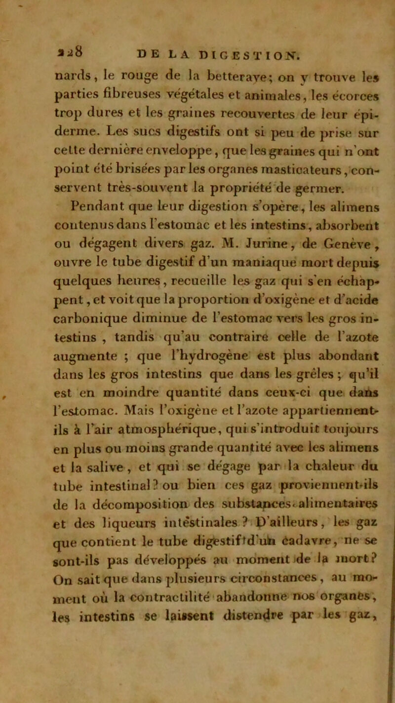 nards, le rouge de la betterave; on y trouve le» parties fibreuses végétales et animales, les écorces trop dures et les graines recouvertes de leur épi- derme. Les sucs digestifs ont si peu de prise sur celte dernière enveloppe, que les graines qui n’ont point été brisées par les organes masticateurs, con- servent très-souvent la propriété de germer. Pendant que leur digestion s’opère, les alimens contenus dans l’estomac et les intestins , absorbent ou dégagent divers gaz. M. Jurine, de Genève, ouvre le tube digestif d’un maniaque mort depuis quelques heures, recueille les gaz qui s’en échap- pent , et voit que la proportion d’oxigène et d’acide carbonique diminue de l’estomac vers les gros in- testins , tandis qu’au contraire celle de l’azote augmente ; que l’hydrogène est plus abondant dans les gros intestins que dans les grêles; qu’il est en moindre quantité dans ceux-ci que dans l’estomac. Mais l’oxigène et l’azote appartiennent- ils à l’air atmosphérique, qui s’introduit toujours en plus ou moins grande quantité avec les alimens et la salive , et qui se dégage par la chaleur du tube intestinal? ou bien ces gaz proviennent-ils de la décomposition des substances, alimentaires et des liqueurs intestinales ? D’ailleurs, les gaz que contient le tube digestiffd'ub éadavre, ne se sont-ils pas développés au moment de la mort? On sait que dans plusieurs circonstances , au mo- ment où la contractilité abandonne nos organes, les intestins se laissent distendre par les gaz,